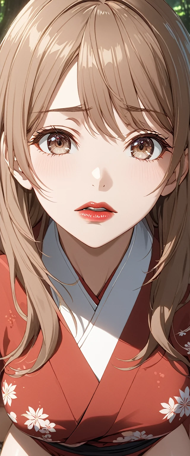 Detailed analysis, Detailed work, Best quality, 1440p resolution, Realistic light and shadow, Anime, background, In the forest, จากAlya Sometimes Hides Her Feelings in Russian series, Maria Kujou, Long light brown hair, Beautiful face, Dark brown eyes, Gradient eyes, Beautiful eyes, Extraordinary eye details, ตาแบบAnime, Very medium sized breasts, fit, Slender figure, Red lips ,Wearing a red Japanese kimono with floral patterns, Make a scared face, Squat