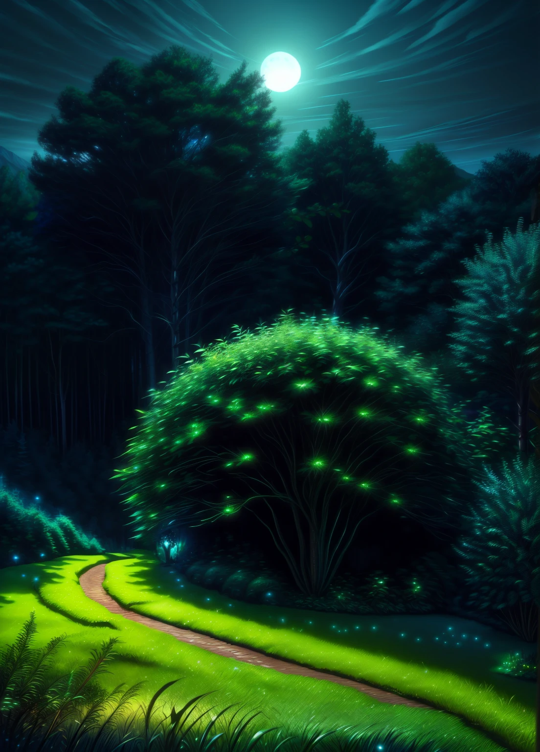a magical enchanted forest, full moon rising from behind the hills, people wandering through the lush greenery, beautiful detailed eyes,beautiful detailed lips,extremely detailed eyes and face,longeyelashes, fantasy landscape, moody lighting, dramatic shadows, vibrant colors, intricate details, (best quality,4k,8k,highres,masterpiece:1.2),ultra-detailed,(realistic,photorealistic,photo-realistic:1.37),cinematic lighting,dramatic atmosphere,mystical,whimsical