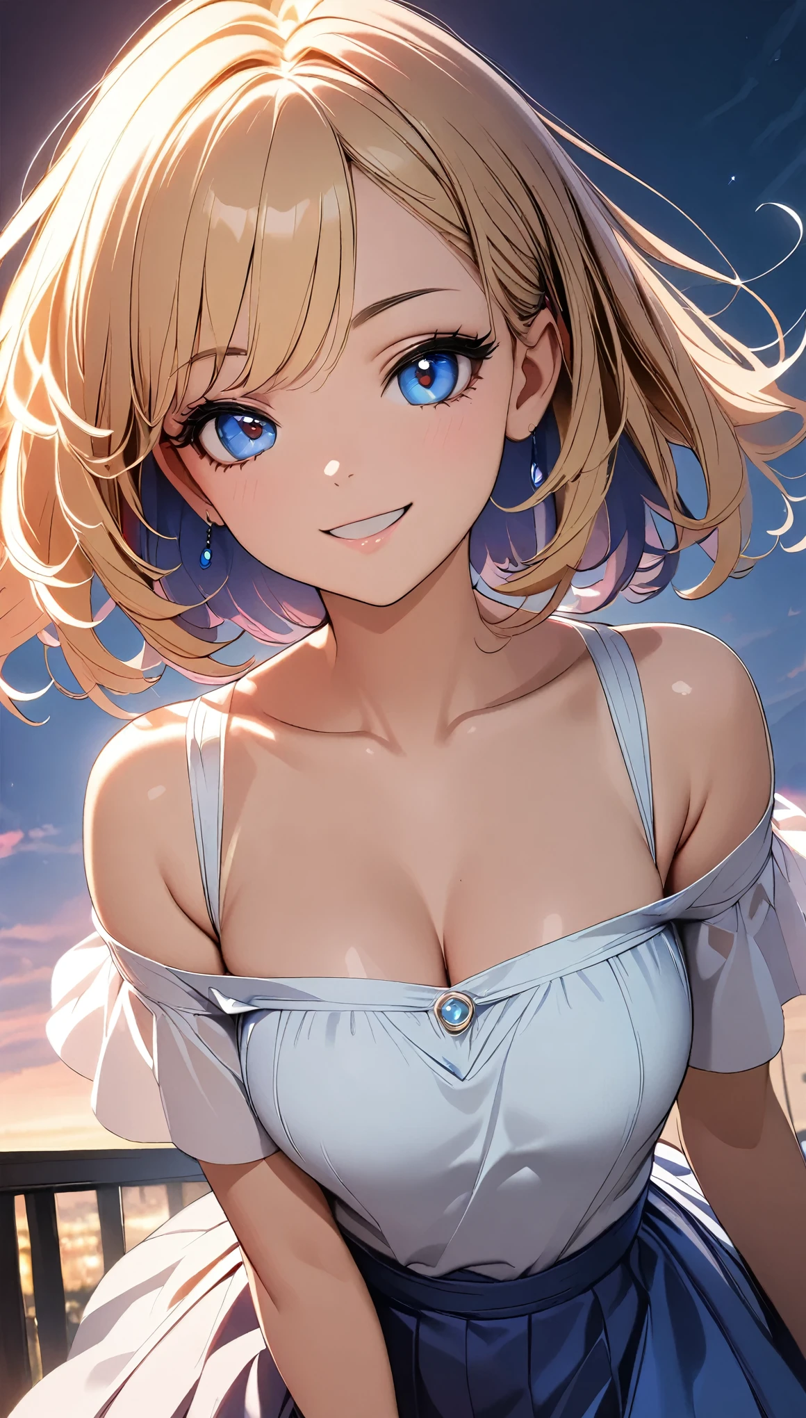 ((1 Female, Blonde, Bob with a Falling Front, Red hairpin, Sheer_Off-the-shoulder dress, Split cuffs, Beautiful décolletage)), Intricate details, Very detailed, 8k, (Beautiful CG illustrations, Anime Style:1.2), Photorealistic, ((A cheerful smile, Detailed face, Beautiful Eyes,  Detailed lips, Long eyelashes)), Porcelain Skin, Complicated Dress, Shiny fabric, Soft lighting, Dreamy, Whimsical, Magical realism, 