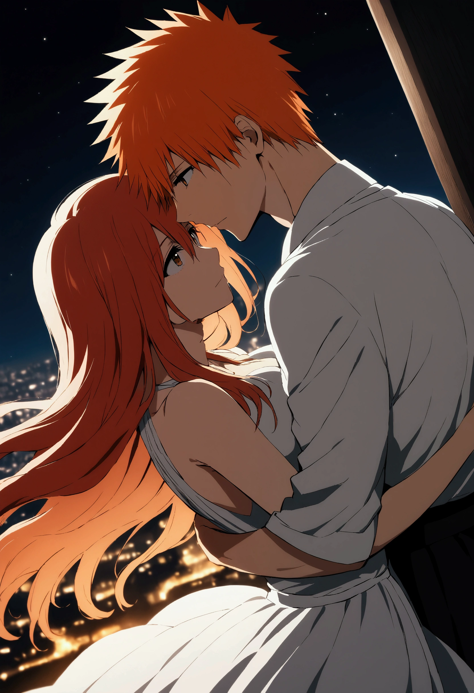 Inoue_orihime is a young woman with long flowing red hair and large breasts and Ichigo_kurosaki with short spiky hair tinged with shades of orange stand together under a starry sky. They gaze into each other's eyes with a tender expression, a soft and intimate hug. Inoue_orihime wears a flowing white dress that seems to blend into the soft light of the moon, while Ichigo_kurosaki is dressed in a black outfit, evoking both strength and mystery. Behind them, a large illuminated city spreads out, with imposing buildings standing majestically against the night skyline. Above, the stars twinkle, capturing the magic of their shared moment.