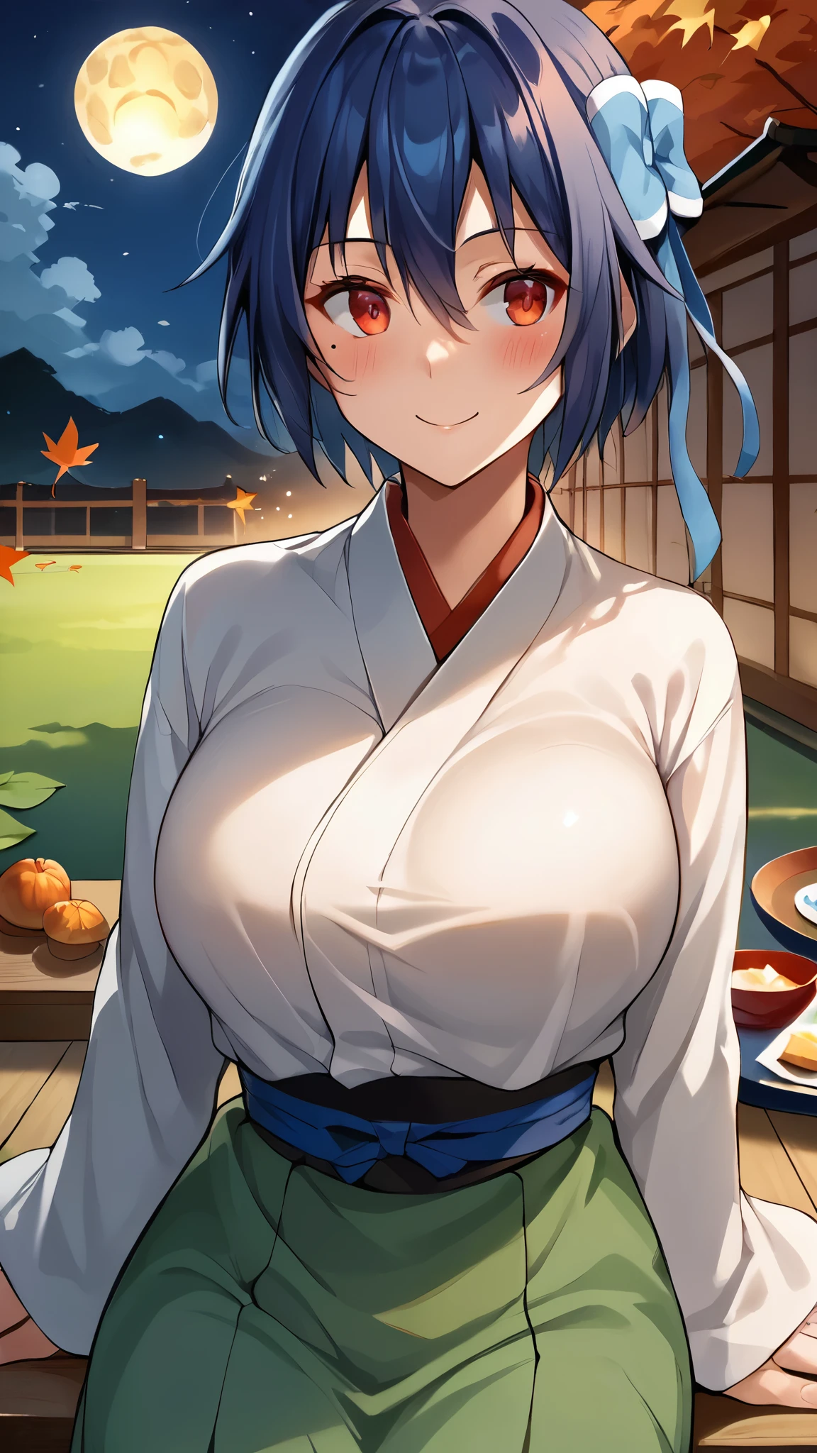 Score_9, Score_8_superior, Score_7_superior, Score_6_superior, sauce_anime, One person, solo BREAK tsugumi seishirou, Mole under the eye, Blue Hair, Short Hair, Hair Ribbon, large breasts, blush, smile, moon viewing, full moon in the night sky, traditional Japanese garden, bamboo grass and pampas grass, moonlit pond, dango on a plate, traditional tatami mat, paper lanterns glowing softly, kimono-clad people, serene atmosphere, autumn leaves gently falling, stone lanterns, quiet reflection, wooden veranda
