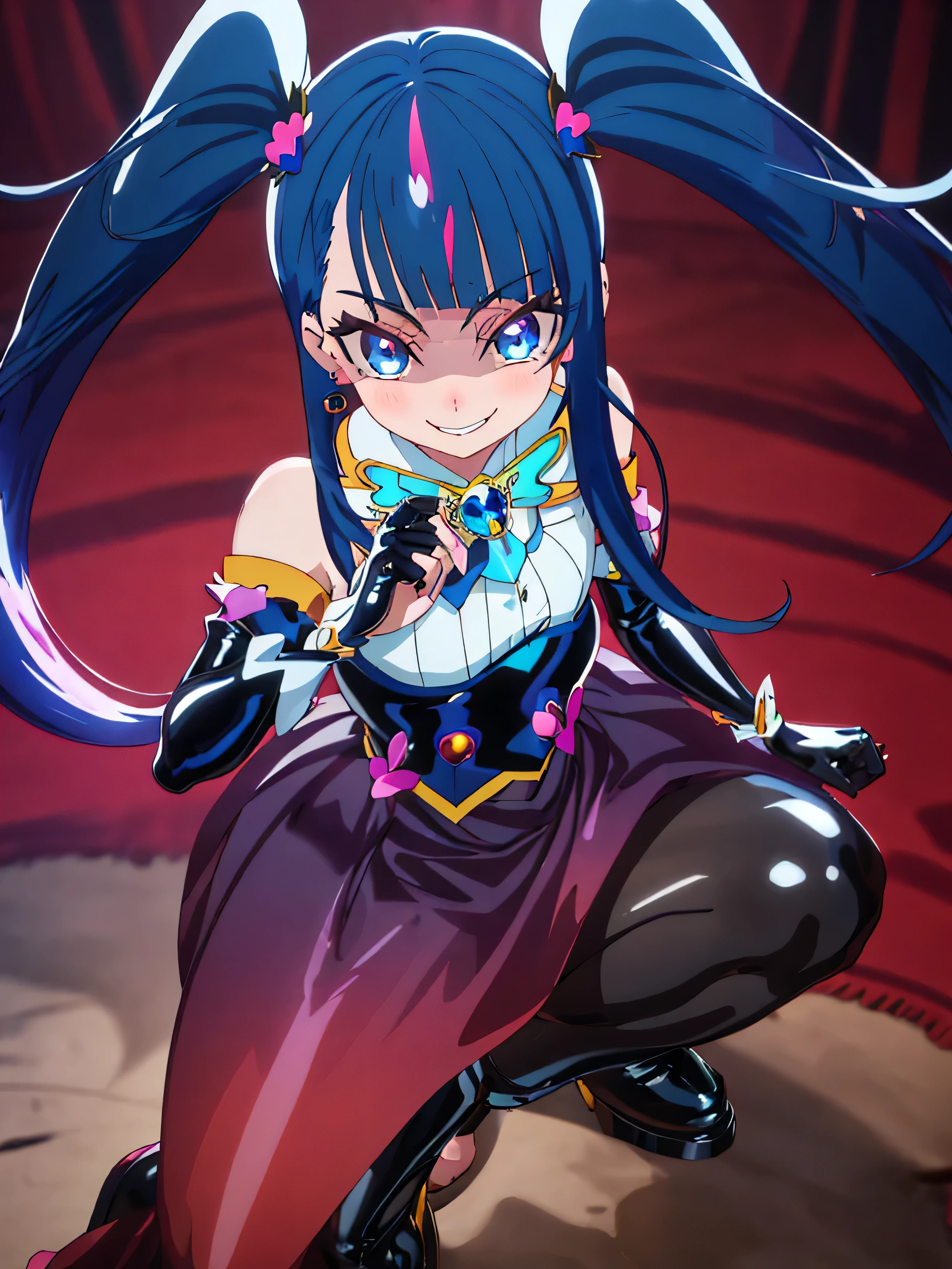 Highest quality, Very detailed,One Girl, alone, {cure_null_hirogarunullprecure:1.15}, Dark blue hair, blue eyes, Blue flames in the eyes, Long Hair, Twin tails, Magical girl, bangs, Open your mouth, Redhead, multicoloRedhead, One Girl, blunt bangs, Darken your clothes, hair ornaments, Wicked Smile, devilish aura (Shiny fabric:1.5), Full Body Shot, Purple Gemstone, attractive, blush, (Beautiful attention to detail:1.6), Very detailed顔, Perfect lighting, Extremely detailed CG, (Perfect hands, Perfect Anatomy), devil, black color scheme, Shiny material, Grin, Black ribbon, black satin gloves, Evil clover leaf ornament, Black frills, jewelry, corruption, Latex Gloss, Black Gothic Cape, Wicked Smile,(Spooky world)))), (((Horror World))) ,((masterpiece)), ((Highest quality)), ((Very detailed)), (figure), ((Very delicate and beautiful)), , cloudy null, CG Style, One-sided black wing,Dark shadowed face,Sadistic smile,Malice,Contempt,smile,black,Perfect hands,Perfect body,shiny latex Elbow full gloves,Perfect face,A somewhat crazy smile and a powerful black aura