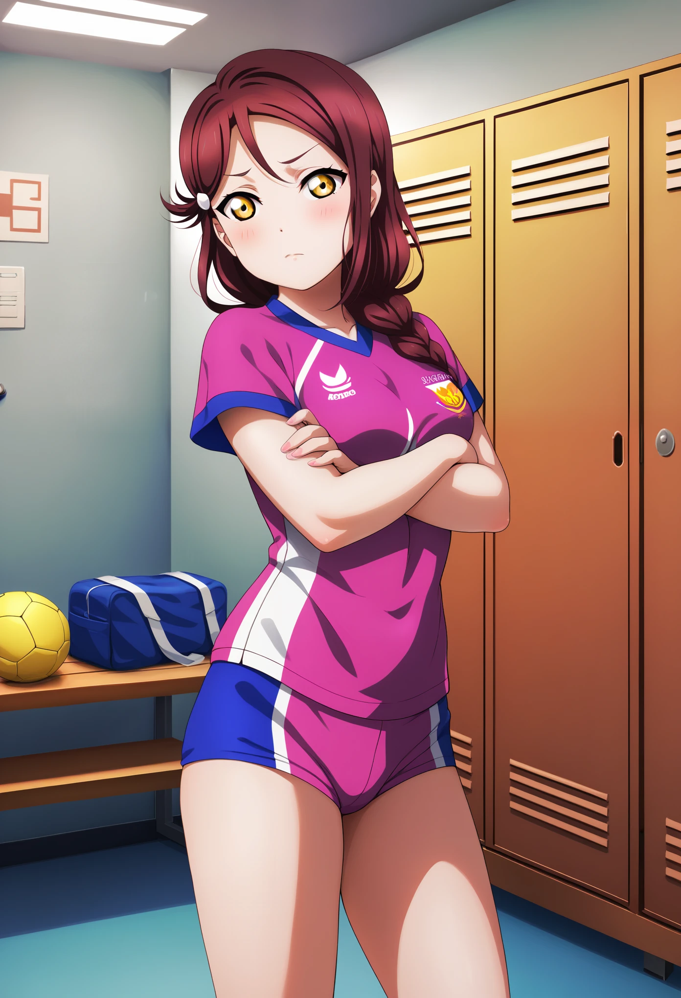 masterpiece, best quality,realistic anime art, solo, wearing soccer clothes, medium breasts,dark red hair ,short sleeves, thighs,yellow eyes , sakurauchi riko love live , standing , crossed arms,looking at viewer, blushing, locker room , hair braid,braid on shoulder , looking away 