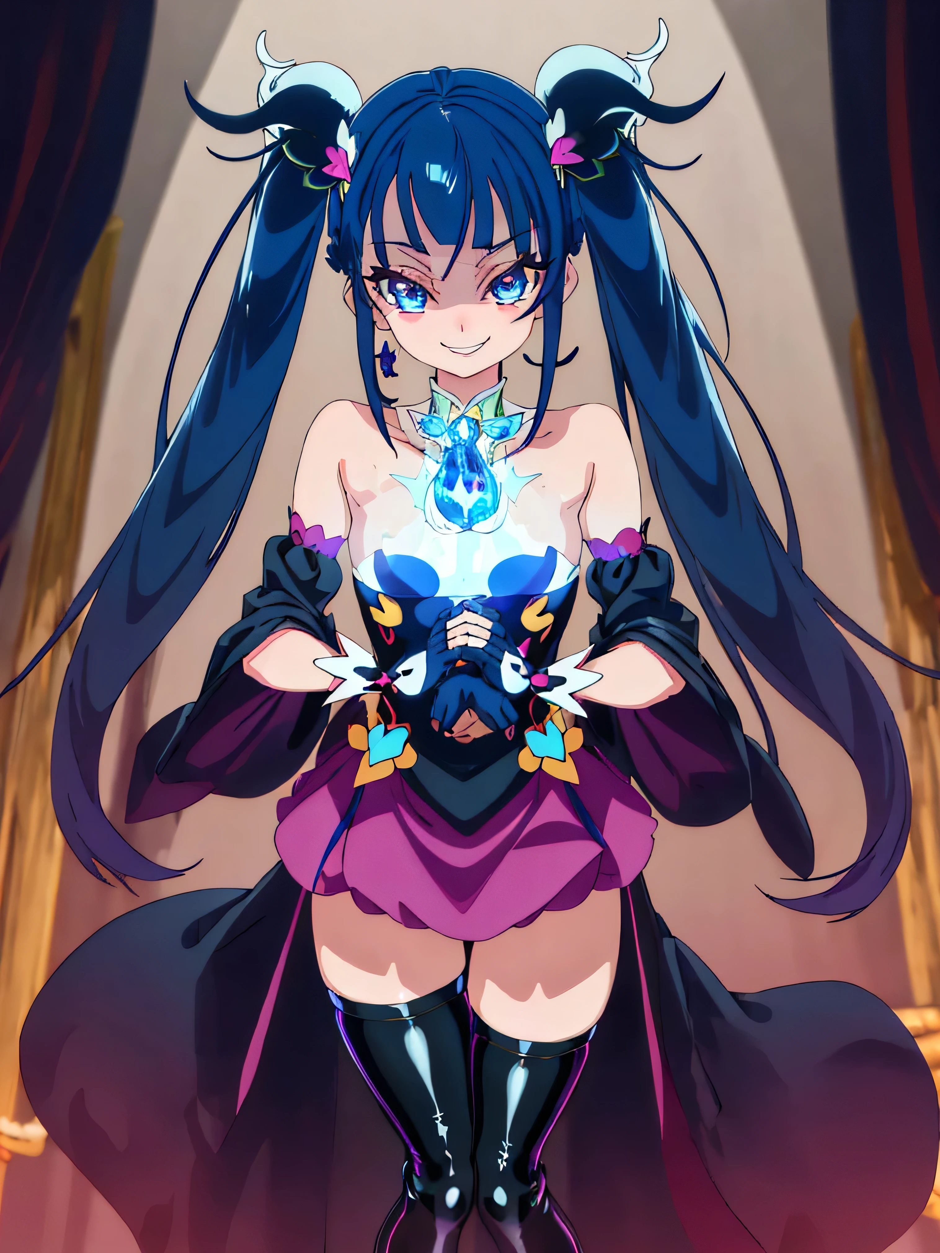 Highest quality, Very detailed,One Girl, alone, {cure_null_hirogarunullprecure:1.15}, Dark blue hair, blue eyes, Blue flames in the eyes, Long Hair, Twin tails, Magical girl, bangs, Open your mouth, Redhead, multicoloRedhead, One Girl, blunt bangs, Darken your clothes, hair ornaments, Wicked Smile, devilish aura (Shiny fabric:1.5), Full Body Shot, Purple Gemstone, attractive, blush, (Beautiful attention to detail:1.6), Very detailed顔, Perfect lighting, Extremely detailed CG, (Perfect hands, Perfect Anatomy), devil, black color scheme, Shiny material, Grin, Black ribbon, black satin gloves, Evil clover leaf ornament, Black frills, jewelry, corruption, Latex Gloss, Black Gothic Cape, Wicked Smile,(Spooky world)))), (((Horror World))) ,((masterpiece)), ((Highest quality)), ((Very detailed)), (figure), ((Very delicate and beautiful)), , cloudy null, CG Style, One-sided black wing,Dark shadowed face,Sadistic smile,Malice,Contempt,smile,black,Perfect hands,Perfect body,shiny latex Elbow full gloves,Perfect face,A somewhat crazy smile and a powerful black aura