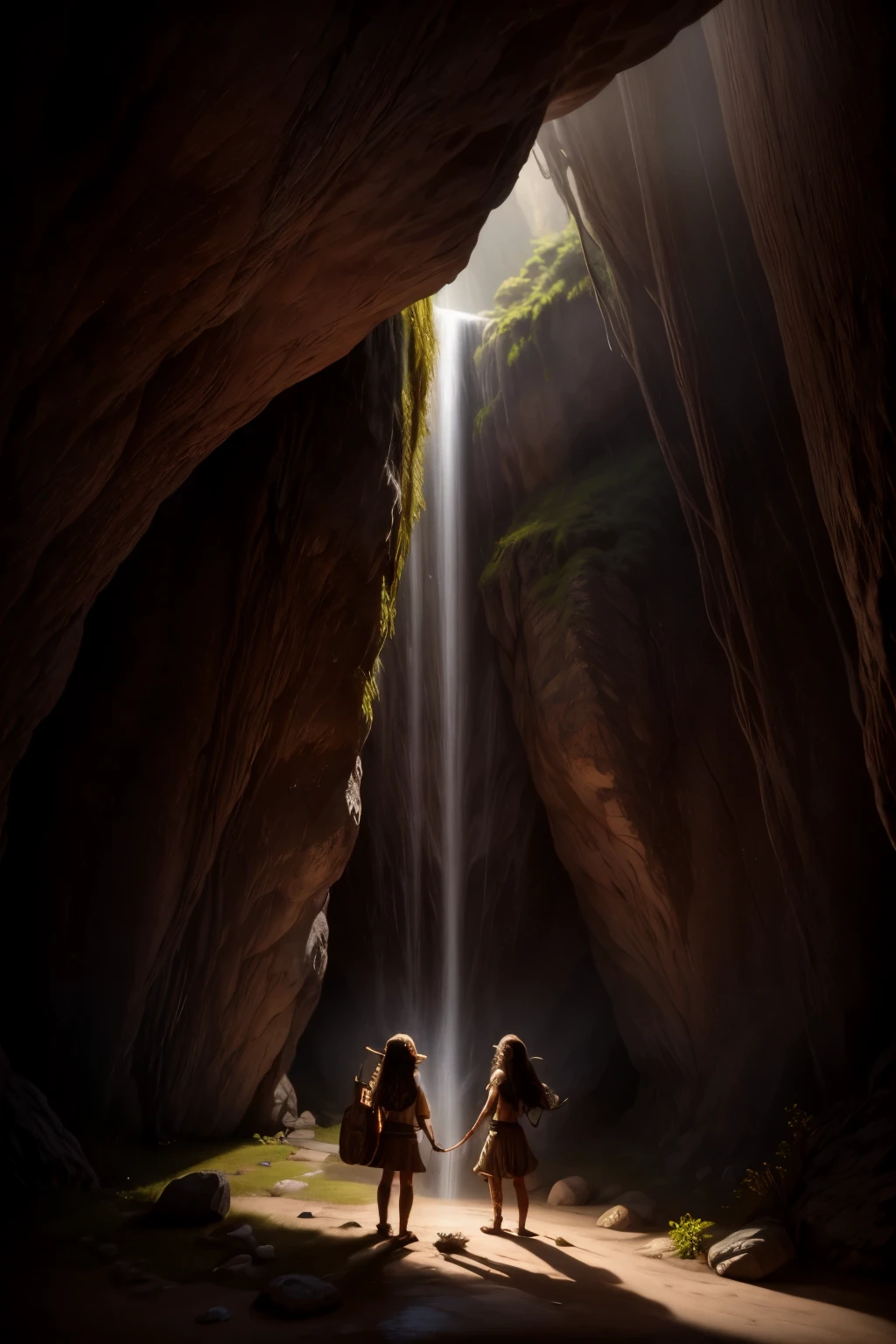 Highly detailed, an ancient cave, two girls explore the cave, they have flashlights in their hands, shadows on the rock walls, mysterious environment, stalactites, stalagmites