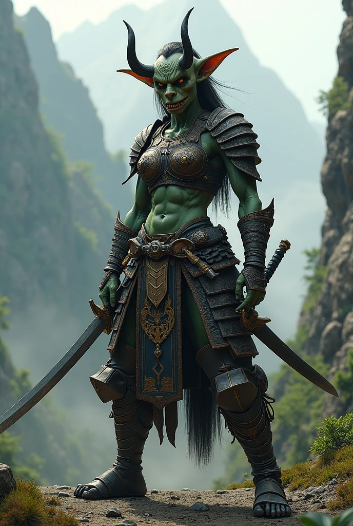 A beautiful Samurai warrior, with her armor suit, perfect anatomy, beautiful extremely green eyes, beautiful face