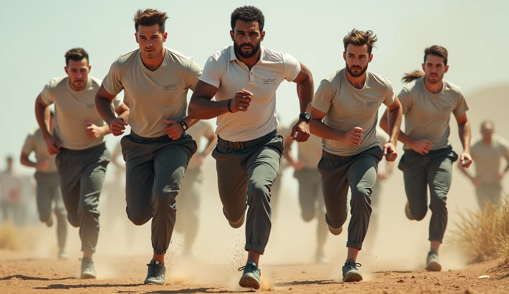 raw photo, a group of muscular, shirtless age 20s middle eastern men jogging along a scenic trail surrounded by desert mountains. the sun is setting behind them, casting a warm glow over their toned bodies. they are all wearing matching grey tight running shorts, their hair blowing in the gentle breeze. ((camera angle at waist height)), ((vibrant colors)), ((natural light)), ((crisp focus)).
