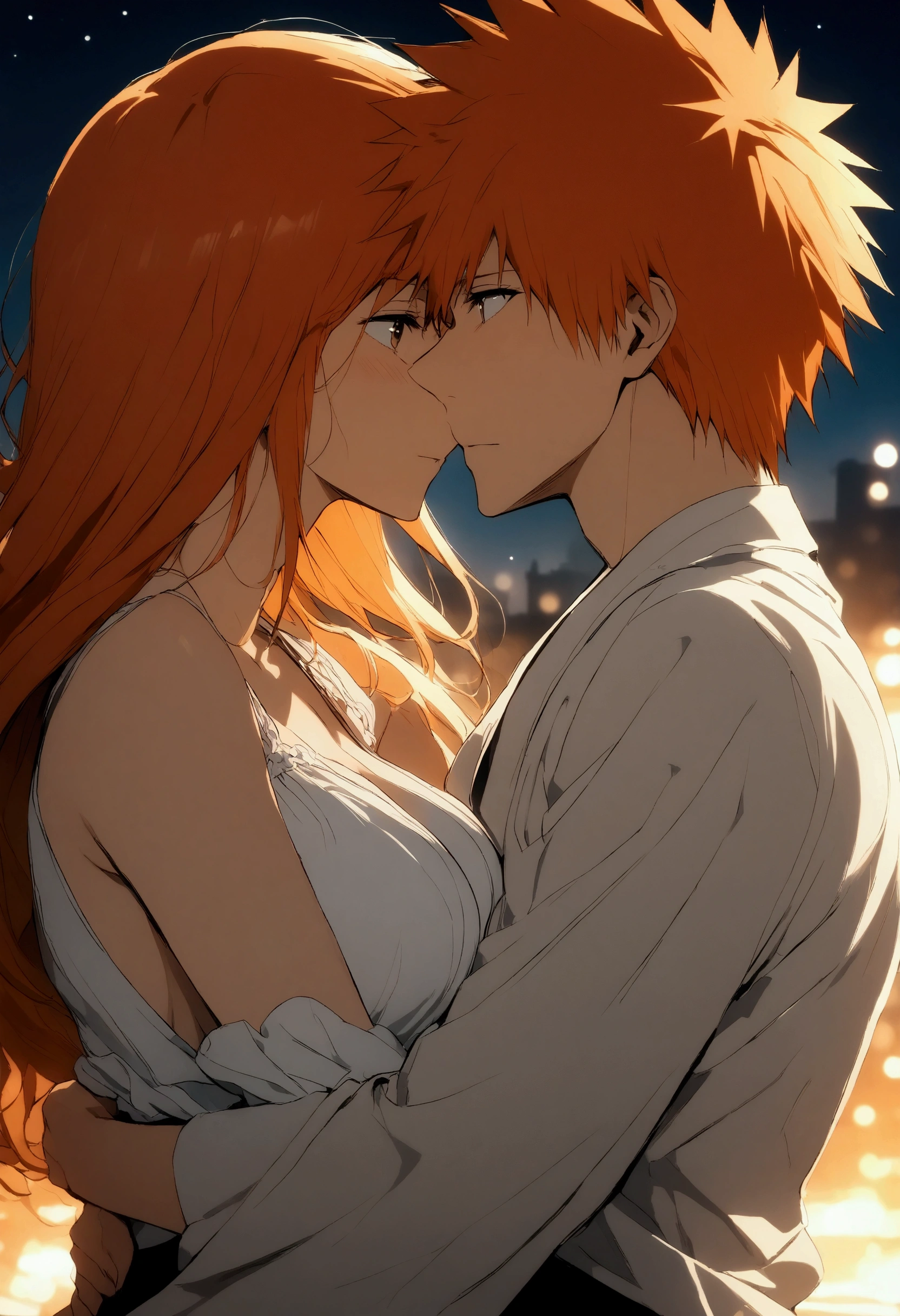 Inoue_orihime is a young woman with long flowing red hair and large breasts and Ichigo_kurosaki with short spiky orange hair dance and hug together under a starry sky. They gaze into each other's eyes with a tender expression, a soft and intimate hug. Inoue_orihime wears a flowing white dress that seems to blend into the soft light of the moon, while Ichigo_kurosaki is dressed in a black outfit, evoking both strength and mystery. Behind them, a large illuminated city spreads out, with imposing buildings standing majestically against the night skyline. Above, the stars twinkle, capturing the magic of their shared moment. BREAK close up, zoom in, cowboy shot ((centered)), outdoors, sunshine, very aesthetic, illustration, perfect composition, intricate details (8k, RAW photo, best quality, masterpiece:1.2, masterpiec8K.HDR. highresabsurdres:1.2, film grain, blurrybokeh:1.2, lens flare, (delicate))
