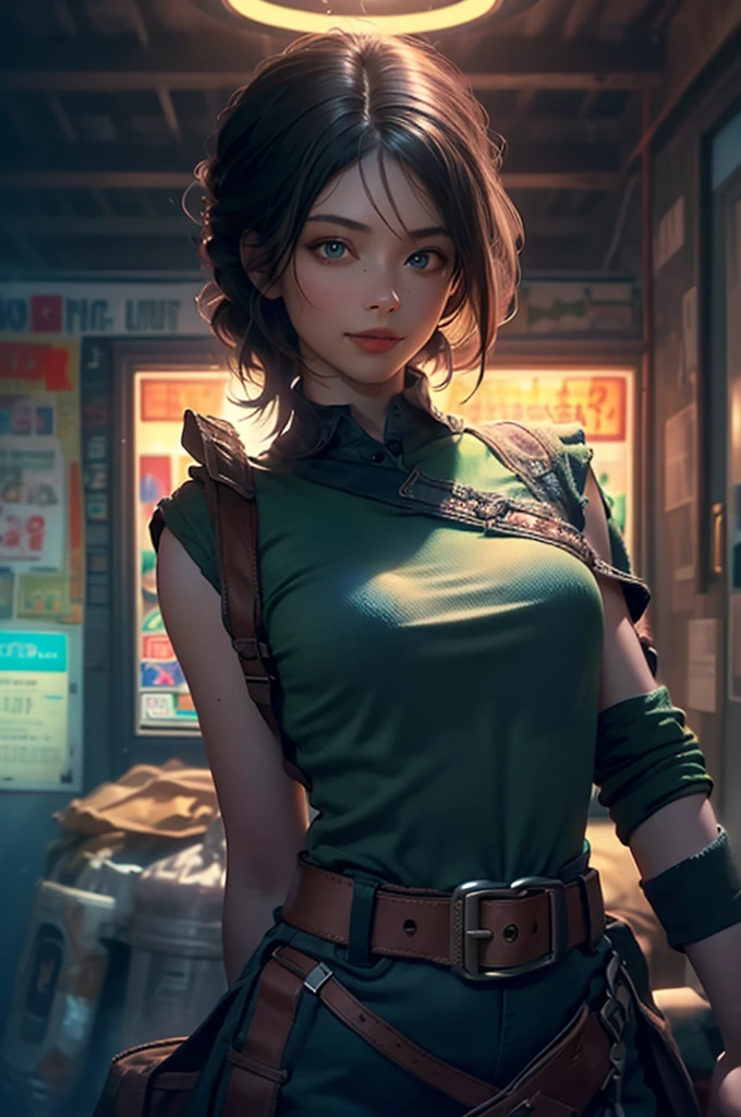 ((wide shot:1.6)), Unreal Engine:1.4, Ultra Realistic CG K, Photorealistic:1.4, Skin Texture:1.4, ((artwork ****ung woman full body:1.5)), ((black hair , green eyes, full lips and a sensual smile:1.5)), punk-style hairstyle with a shaved side:1.3, tattoos, Gatling gun, box, looking at viewer, dynamic pose, blows, ammunition belt, gloves, large breasts, Shooting, Extremely detailed:1.4, more detailed, optical mix, playful patterns, animated texture, unique visual effect, pink leather miniskirt, pink jacket, masterpiece, in the background an abandoned place with scrap metal, ((colors, cyan, green, pink, brown: 1.2)), ((8k realistic digital art.)), 32k