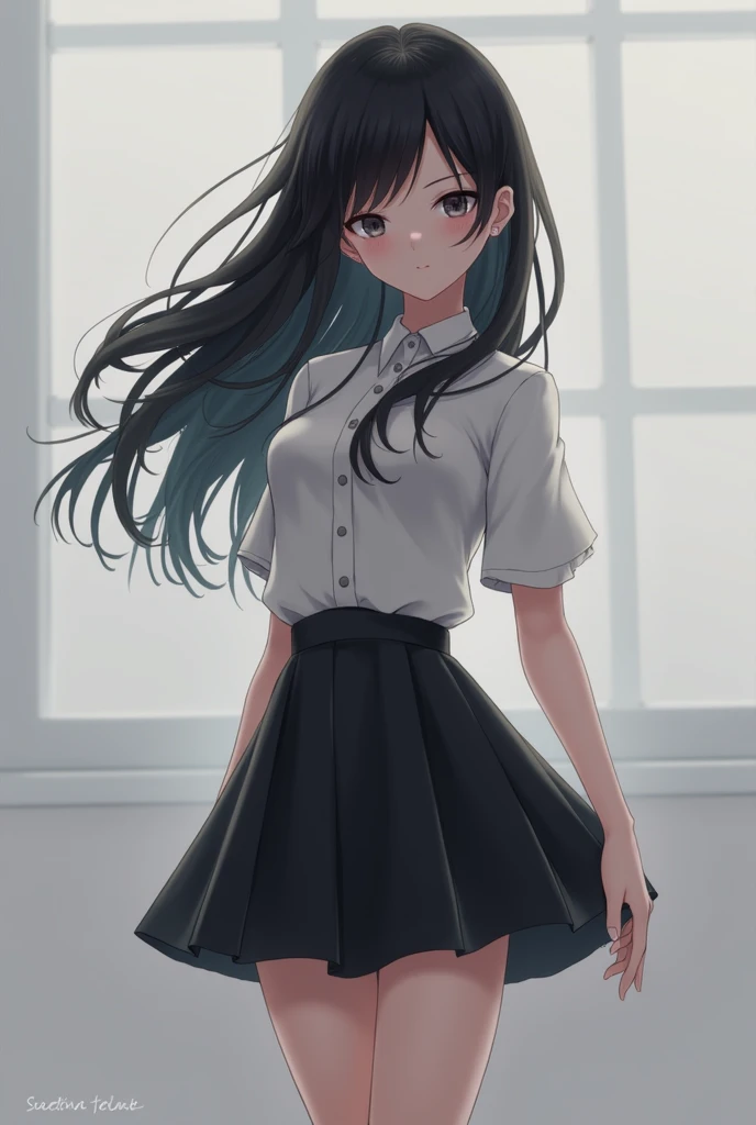 Highest quality, masterpiece, (solo:1.2), (1 female:1.2)、Age 25、Large breasts、(Slim figure)、(The humid weather makes me lazy:1.2)、Sheer white cut-and-sew top、(Thighs)、(~ side)、(White highlight in pupil:1.2)、Dark blue eyes、(Black-haired:1.2)、(Long Hair)、(View your audience:1.2)、White skin、(blush)、(Embarrassed expression)、(Blur the background to make the woman stand out.:1.3)、(Half Backlight)、Beautiful flowers in the background、Wooden study