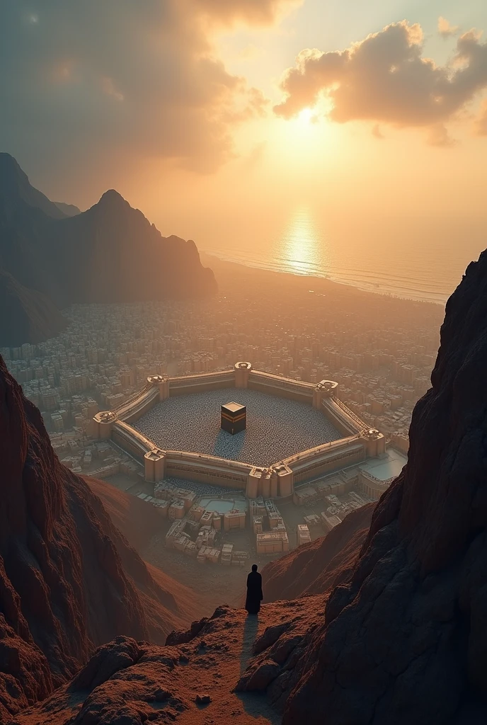  - A beautiful view of the holy city of Mecca, with the Kaaba in the center and a bright sunrise in the background. Standing on a mountain looking at the stormy sea. A new morning dawns on the horizon, high quality photography, flash with softbox, 4k, Canon EOS R3, hdr, smooth, sharp focus, high resolution, award winning image,