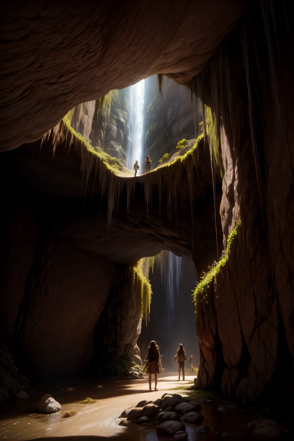 Highly detailed, an ancient cave, two girls explore the cave, they have flashlights in their hands, shadows on the rock walls, mysterious environment, stalactites, stalagmites