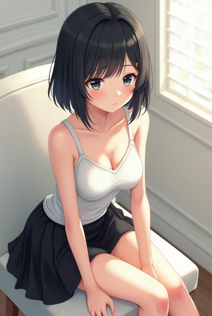 A 24-year-old woman lying on the bed and looking at me, sleeveless knit and skirt, blushing, embarrassed expression