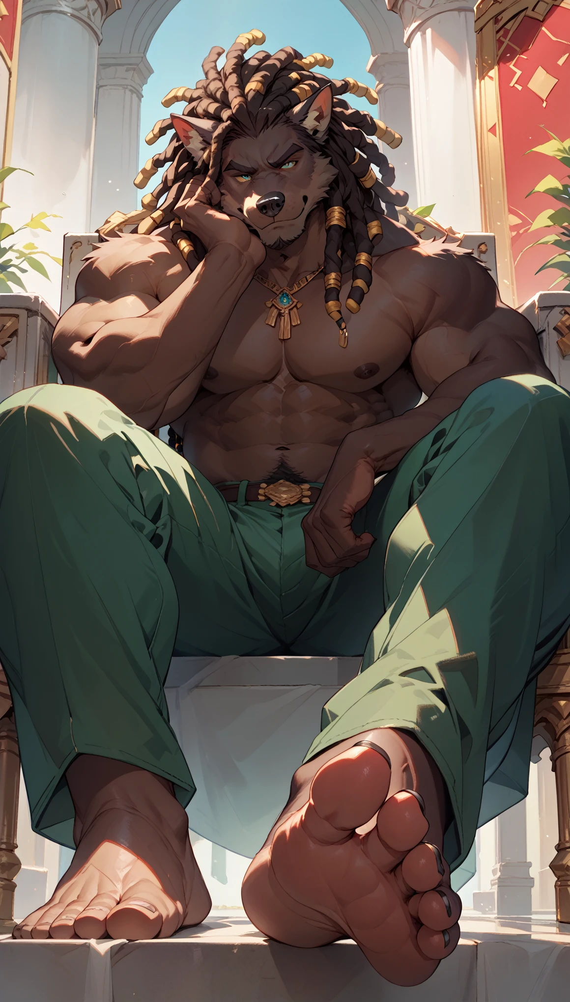 big, furry, muscular male, black wolf, dreadlocks hair, mature man, sitting on throne, barefoot, green pants, topless, one leg on the armrest, foot focus, visible soles, low angle view