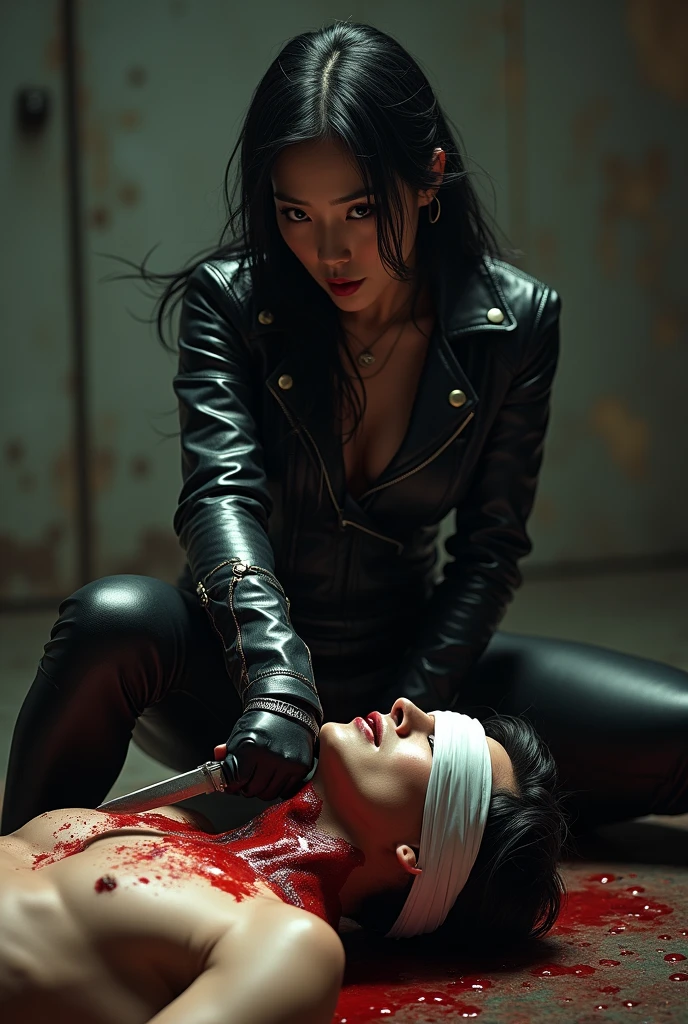 Cat woman, knife, blood splashing, blood splashed