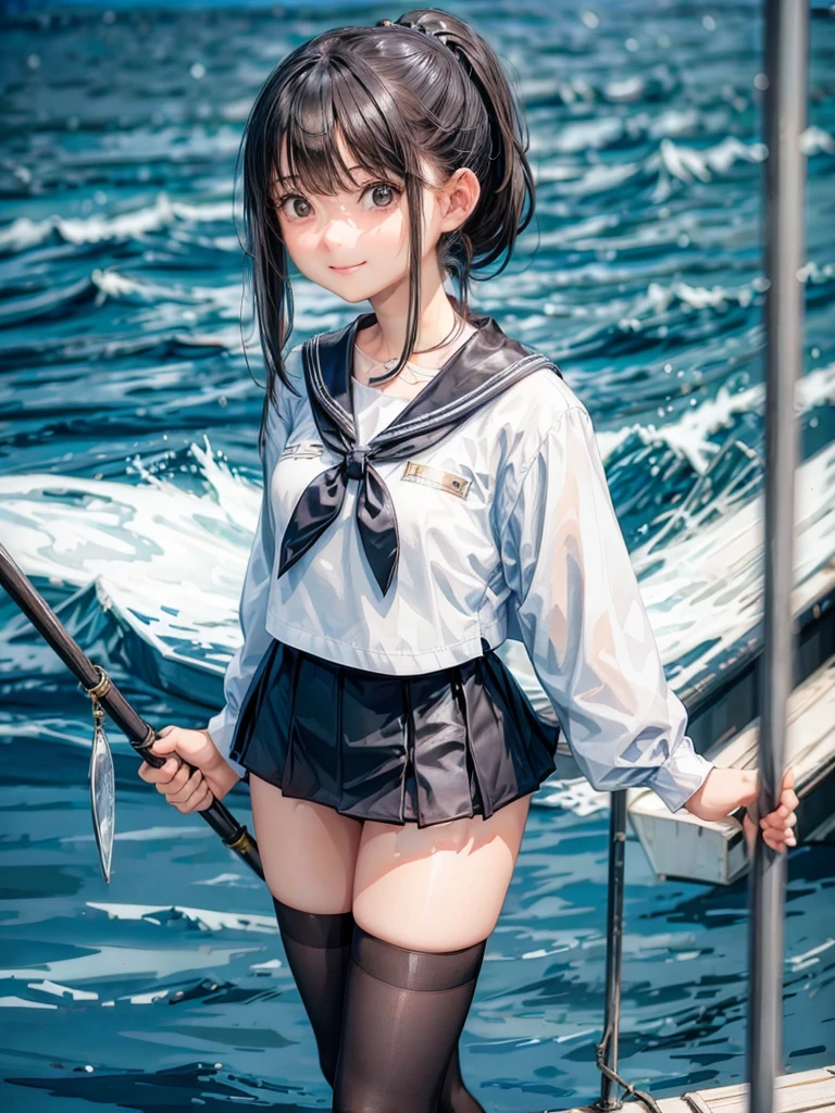 A girl comes home from school，The weather was nice，with blue sky and white clouds，There is a river by the side of the road，Fish roll over the waves，k hd，Real Human，Dynamic，JK school uniform ，Highlight character details，The picture is the main body --auto