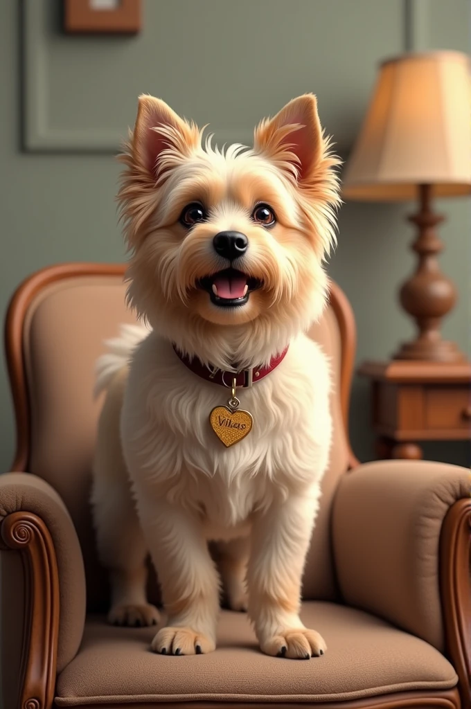 a small white (maltese dog) sitting on a dark fabric couch in a living room, looking at camera, pixar, disney