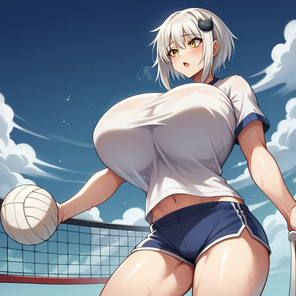 Bulging breasts, {Ultra gigantic breasts} massive cleavage, giantess growth, drenched in sweat, white T-shirt and gym shorts, muscular, volleyball court, orgasm, (koneko_tojou, hair ornament, white hair, short hair, yellow eyes, solo, cat hair ornament)