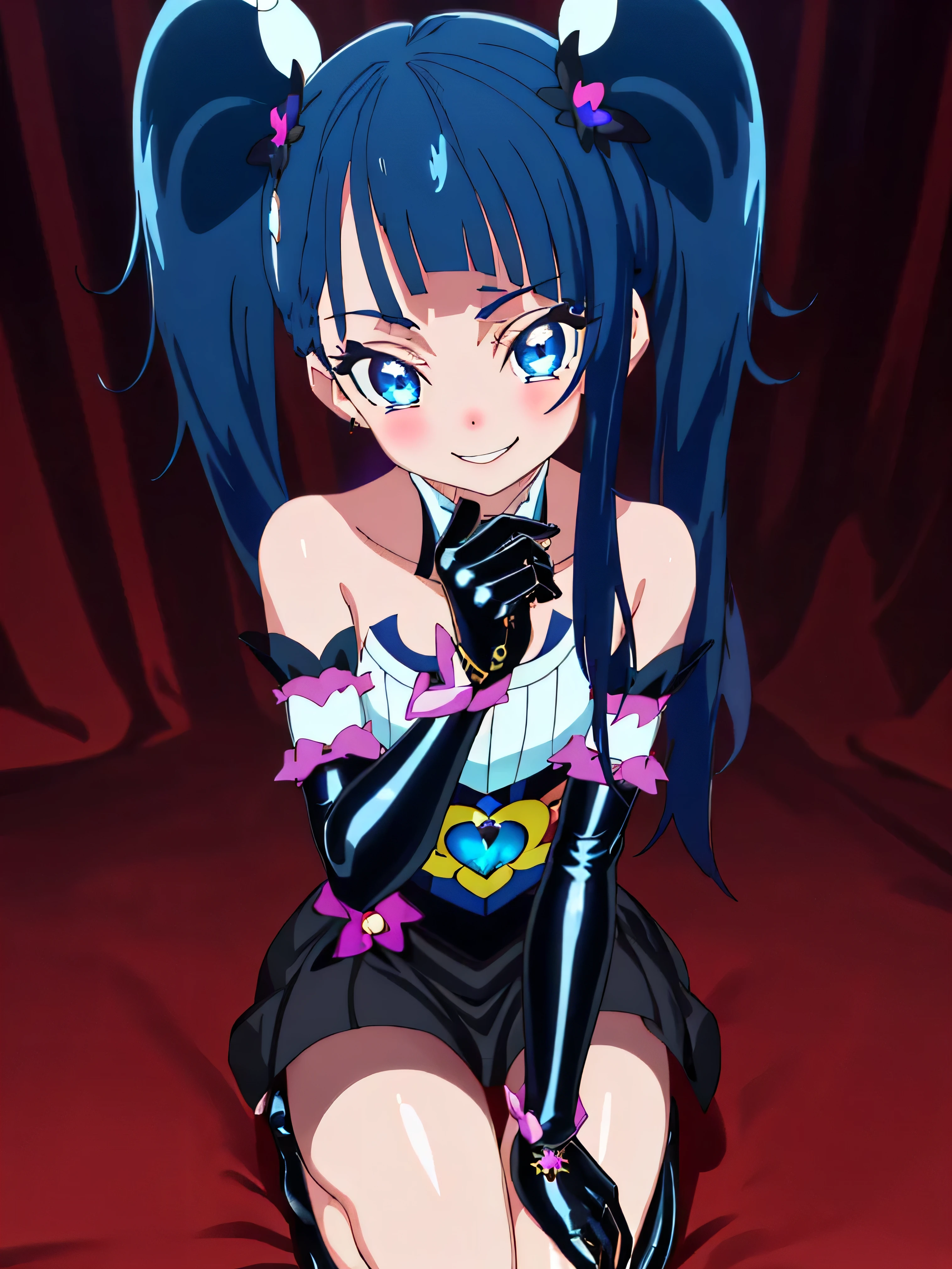 Highest quality, Very detailed,One Girl, alone, {cure_null_hirogarunullprecure:1.15}, Dark blue hair, blue eyes, Blue flames in the eyes, Long Hair, Twin tails, Magical girl, bangs, Open your mouth, Redhead, multicoloRedhead, One Girl, blunt bangs, Darken your clothes, hair ornaments, Wicked Smile, devilish aura (Shiny fabric:1.5), Full Body Shot, Purple Gemstone, attractive, blush, (Beautiful attention to detail:1.6), Very detailed顔, Perfect lighting, Extremely detailed CG, (Perfect hands, Perfect Anatomy), devil, black color scheme, Shiny material, Grin, Black ribbon, black satin gloves, Evil clover leaf ornament, Black frills, jewelry, corruption, Latex Gloss, Black Gothic Cape, Wicked Smile,(Spooky world)))), (((Horror World))) ,((masterpiece)), ((Highest quality)), ((Very detailed)), (figure), ((Very delicate and beautiful)), , cloudy null, CG Style, One-sided black wing,Dark shadowed face,Sadistic smile,Malice,Contempt,smile,black,Perfect hands,Perfect body,shiny latex Elbow full gloves,Perfect face,A somewhat crazy smile and a powerful black aura,（Dark and scary atmosphere,Gothic Fashion,Dark colors）