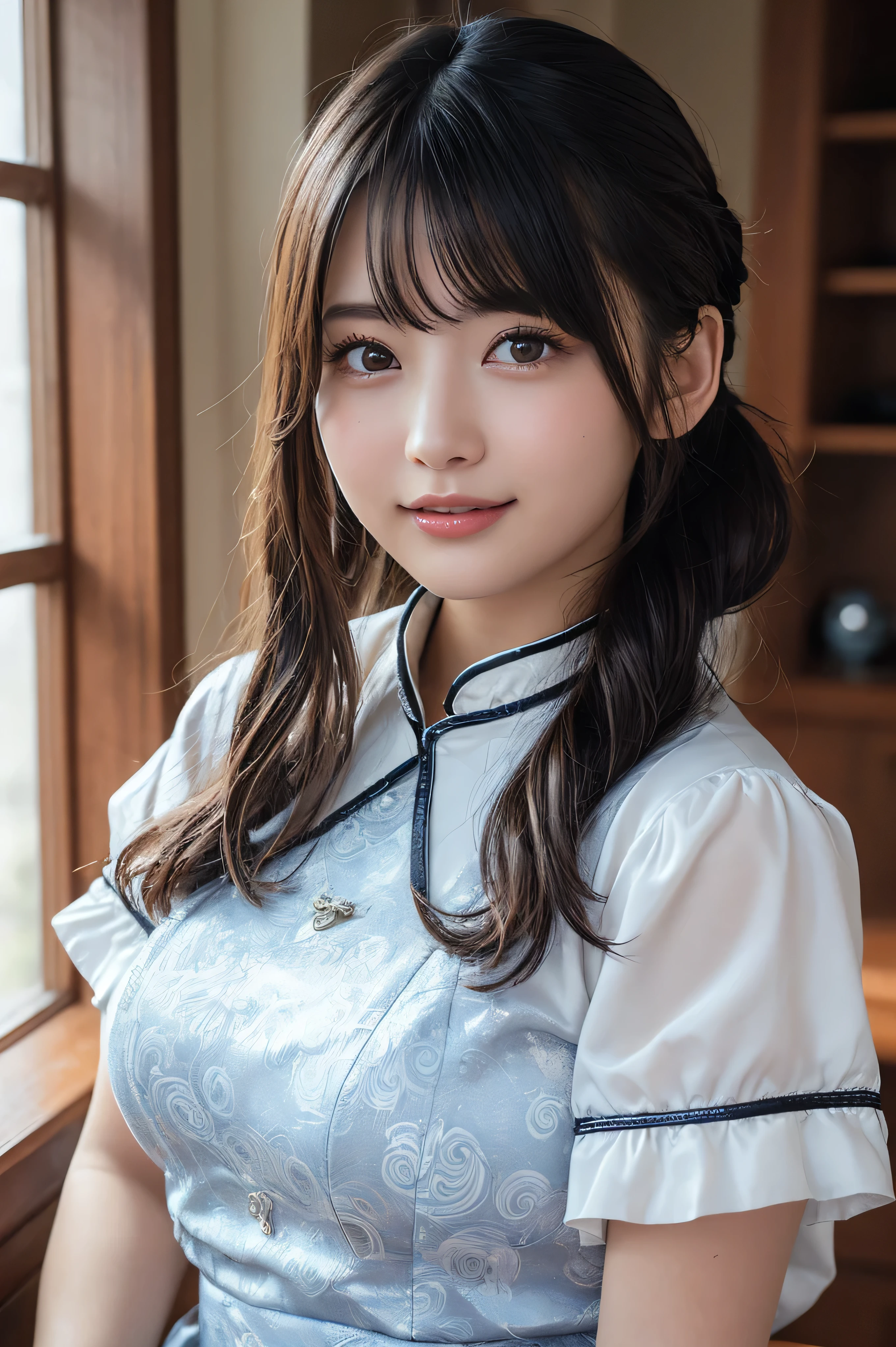 masterpiece, Hair in the eyes, Flip Hair, Inner Color, Hime cut, Large Breasts, Long pointed ears, smile, Open your mouth, Blushing, tongue, Off-screen, Close-up, Interior architecture, Closed eyes, Open your mouth a little, Open your mouth,
