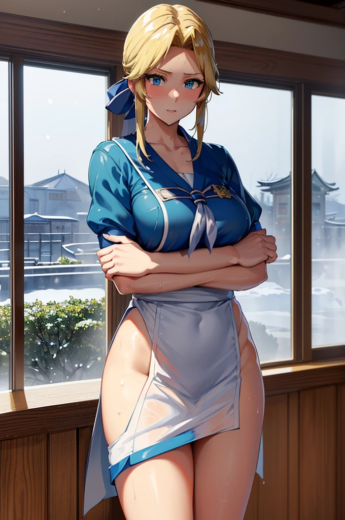 asuna (blue archive), 1girl, bare legs, blue eyes, (short sleeve turtleneck sweater), ((garter belt)), blurry, blurry background, blush, breasts, large breasts, (light brown blonde hair), (((extra short pixie cut))), (((pixie cut))), (((asymmetric pixie cut))), (((side parting pixie cut))), (((curly pixie cut))), (((messy pixie cut))), (((wavy pixie cut))), looking at viewer, solo, Beautiful girl, big, sea, (standing), (((emphasis on extremely hairy pussy))), (Hands behind back), (spread legs), (happy face), (nude), (chubby), (((thick thighs))), (((big breasts))), (nipples), (pussy), (anal), ((extremely hairy pussy)), ((extremely hairy pubic hair)),