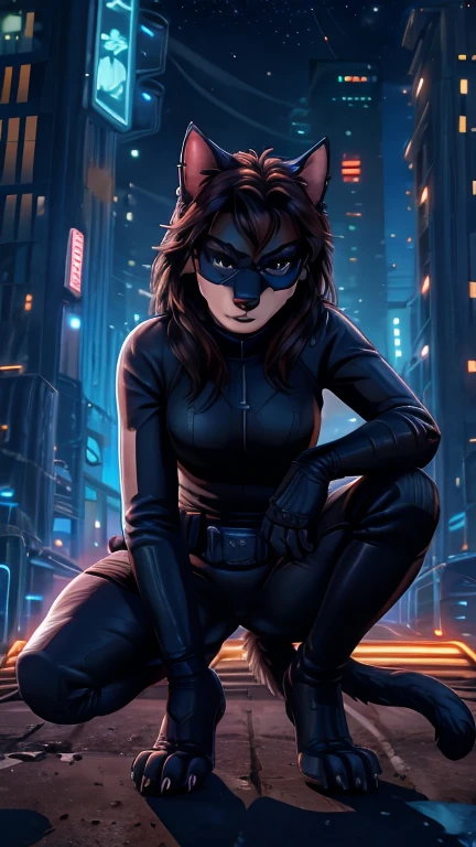 (1girl, cat, Selina Kyle), (extremely detailed CG unit 8k wallpaper),(master part), (best quality), (ultra detail), (best illustration),(Tsukasa Hojo style), cowboy shot, Paw pose, show Paws show claws, (Sharp eyeliner, ombre, detailed eyes:1), dark, night, neon light, cyberpunk city, digital art, break , upper body, close up, crouching, Sharp claws, 