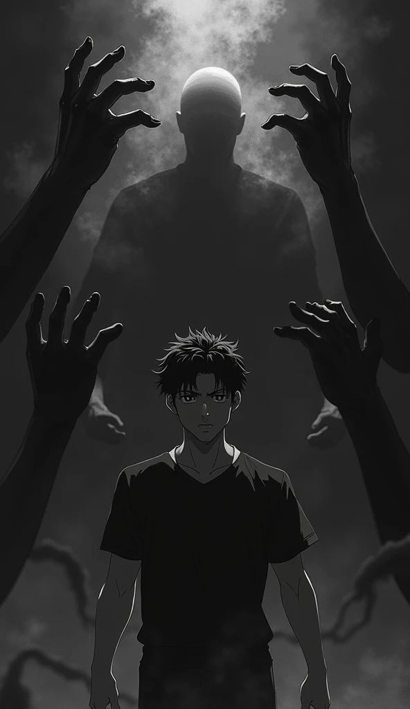 Charcoal anime  drawing of a boy crouching with his face covered surround by dark scary things in the background
