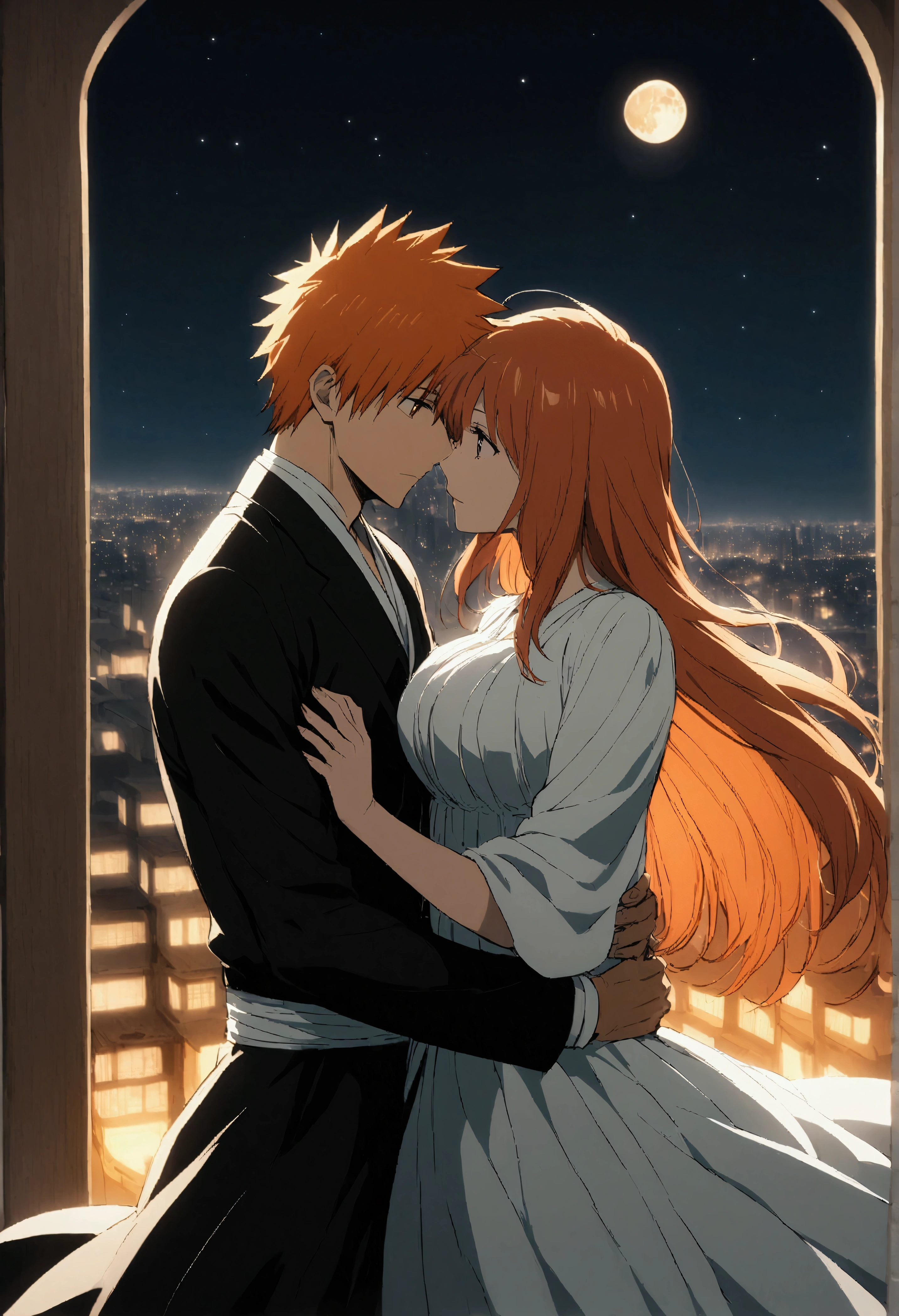 Inoue_orihime is a young woman with long flowing red hair and large breasts and Ichigo_kurosaki with short spiky hair tinged with shades of orange stand together under a starry sky. They gaze into each other's eyes with a tender expression, a soft and intimate hug. Inoue_orihime wears a flowing white dress that seems to blend into the soft light of the moon, while Ichigo_kurosaki is dressed in a black outfit, evoking both strength and mystery. Behind them, a large illuminated city spreads out, with imposing buildings standing majestically against the night skyline. Above, the stars twinkle, capturing the magic of their shared moment.