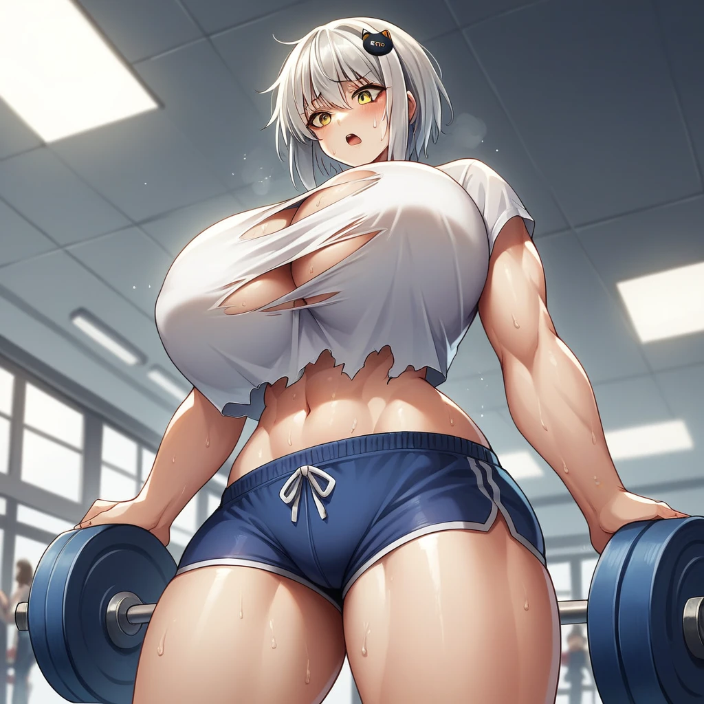 Bulging breasts, {Ultra gigantic breasts} massive cleavage, giantess growth, drenched in sweat, white T-shirt and gym shorts, muscular, gym, orgasm, (koneko_tojou, hair ornament, white hair, short hair, yellow eyes, solo, cat hair ornament), ripped and torn clothing