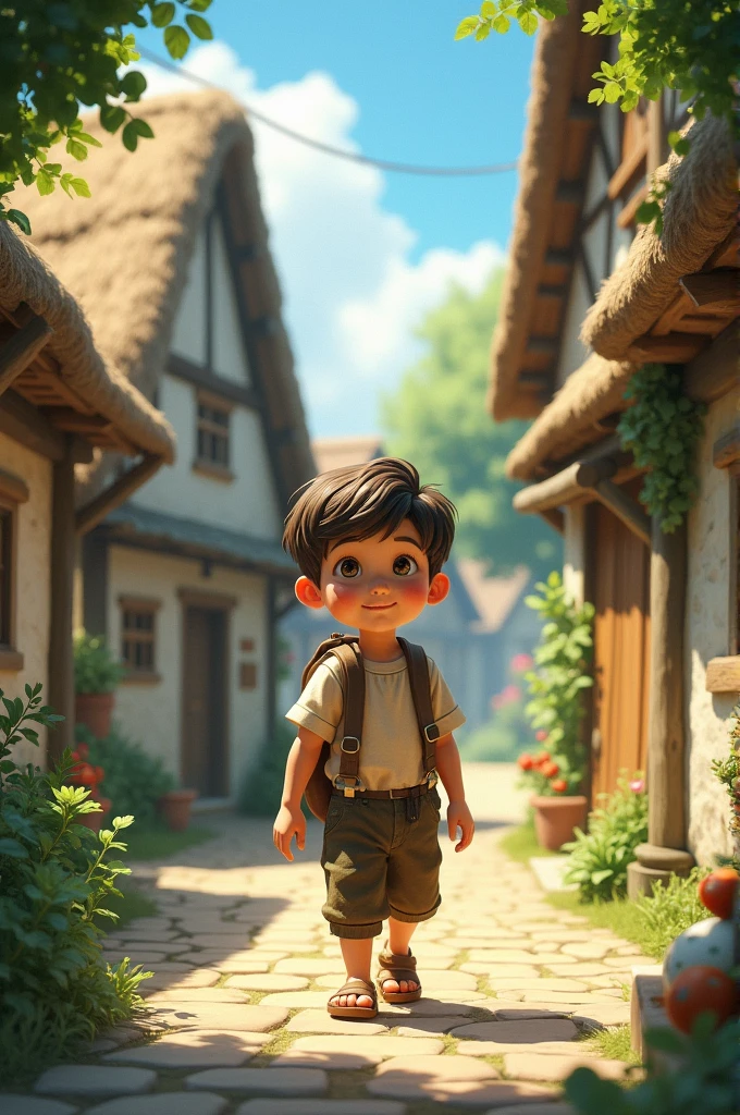 An illustration of the cheerful young boy, Pedro, smiling as he plays carefree near his home, small countryside town, with simple houses and a green landscape all around.