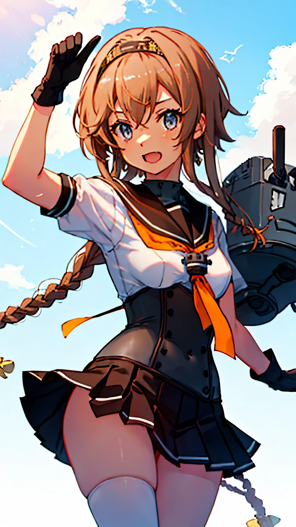 (masterpiece), (Best Quality), (Super detailed), Realistic, (Very delicate and beautiful)　Kantai Collection_Tezuki　Teruzuki_kantaicollection　1 person　Twin braids、Light brown hair、Propeller hair accessory、blue eyes、(chest)、Cheek、Headband、Serafuku、Gray、Black headband、黒Sailor collar、 Black Skirt、Sailor collar、Yellow neckerchief、corset、Pleated skirt、White gloves　Pull up your skirt　Port town　Look up here　Embarrassed look