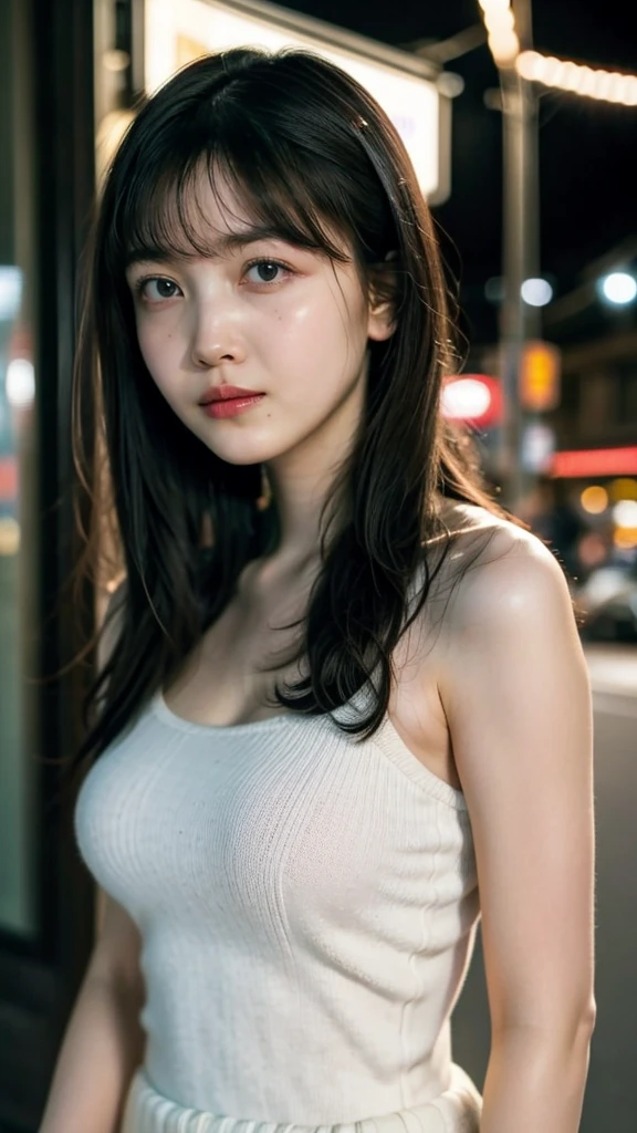 Random Pause, Mix 4, (8k, Original photo, Highest quality, masterpiece: 1.45), (Actual, Vibrant: 1.37), Skinny Japanese woman, One girl, charm, City view, night, rain, Wet, Professional Lighting, Photon Mapping, Radio City, Physically Based Rendering, Gradient black hair, Short Curly Hair, good looking, girl, T-Shirts, High resolution, 1080P, (Beautiful Face), (Detailed facial depiction), (Detailed description of the hand), (Detailed CG), Extreme light and shadow, Messy Hair, Lots of details, (exquisite features), (Highest quality photos), (Beautiful Eyes), Look in front of you, Thin clavicle,