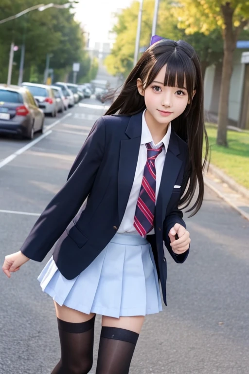 Super fine、8k、muste piece、(RAW photo:1.4)、High resolution、((Composition away from the subject))、((Full body photo from face to ankles))、detailed skin、glowing skin、baby face、small face、smile、open your mouth、facing the front、Stand with your feet together、stand up with good posture、Residential area in the morning、realistic、14 year old girl、、bus stop、I was waiting alone、Hang your school bag on your shoulder、、slender and delicate body、small breasts、Blazer Uniform、girls school uniform、plaid skirt、healthy、young female ager、black tights、black tights、black knee high socks、茶色のloafers革靴、loafers、full body shot、Neat and clean hairstyle、Emphasizes the very slender leg line