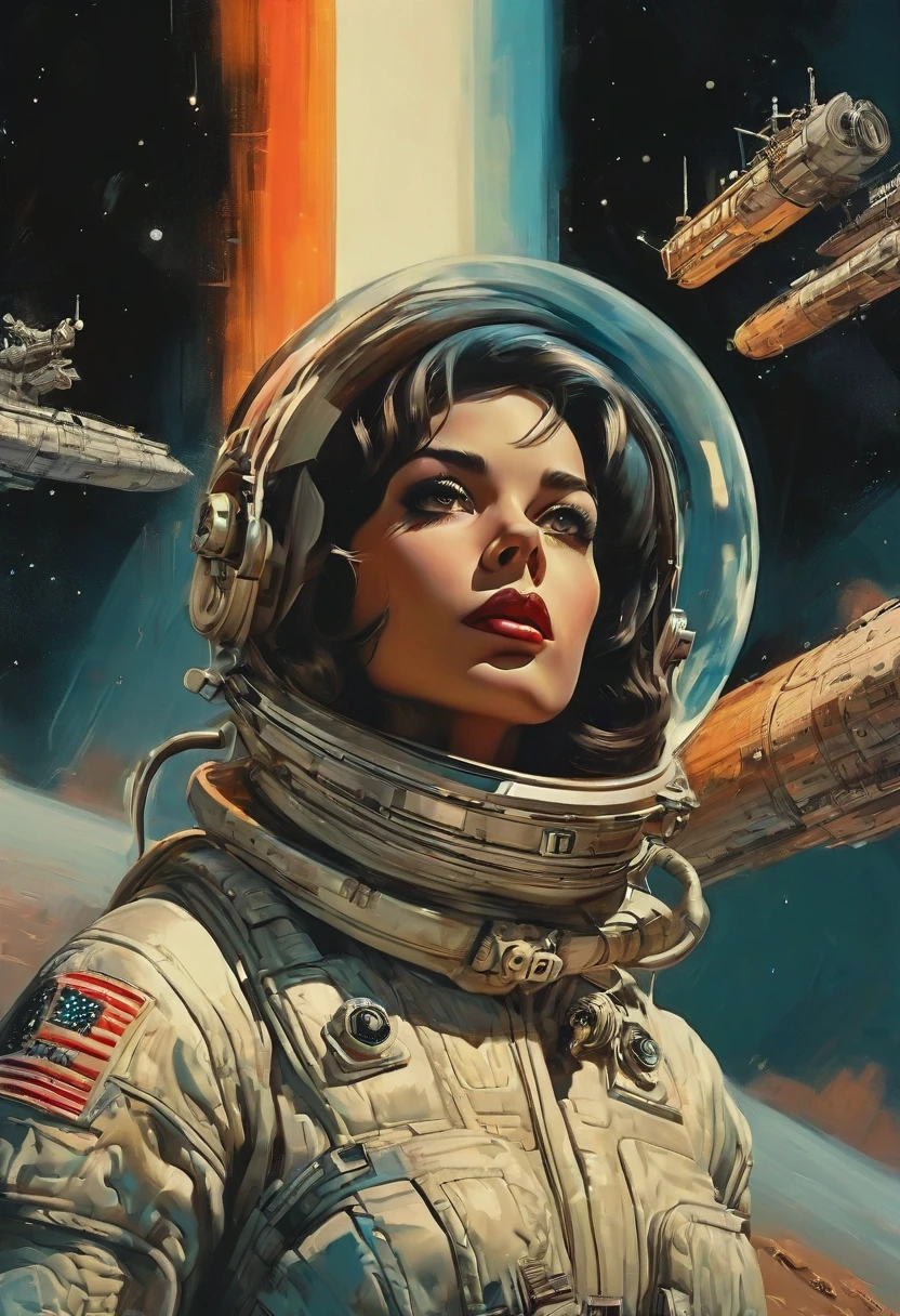 Arabic style image of a woman in a futuristic suit with a spaceship in the background, Cinematic art, In front of an orange background, Inspired by Robert McGinnis, Female protagonist, Megastructure in the background, AIastronautの肖像, astronaut, astronaut, astronautのスケルターの肖像画, Perfect Android, frank franzzeta and sakimichan