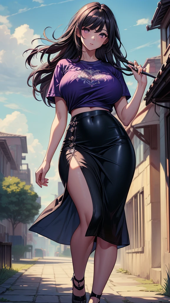 A tall sexy sensual girl Beautiful big breast long black hair her brown eye wears a corset purple thread shows navel and a purple denim skirt long purple heel
