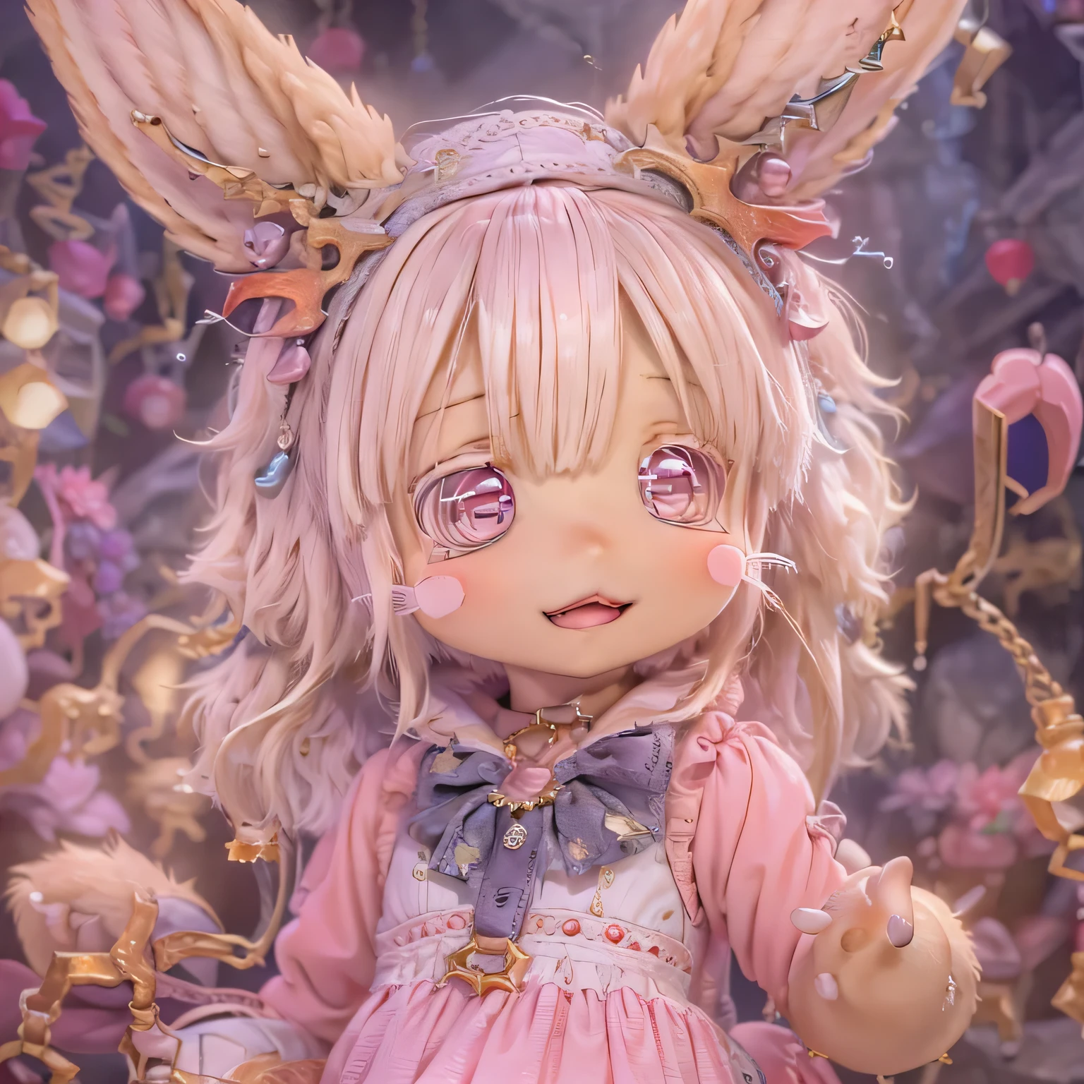 In the garden, smile, Similar to Nanachi from Made in Abyss. She is beautiful, Beautiful eyes and lips.  (((Chibi Style,))) . Image quality is excellent, Highly detailed and realistic features. The medium of this work is、Combining illustration and photorealistic rendering.. The colors are vivid、The lighting creates a warm and bright atmosphere。 whole body(((((Cute pink dress)))))Contrasting cute poses