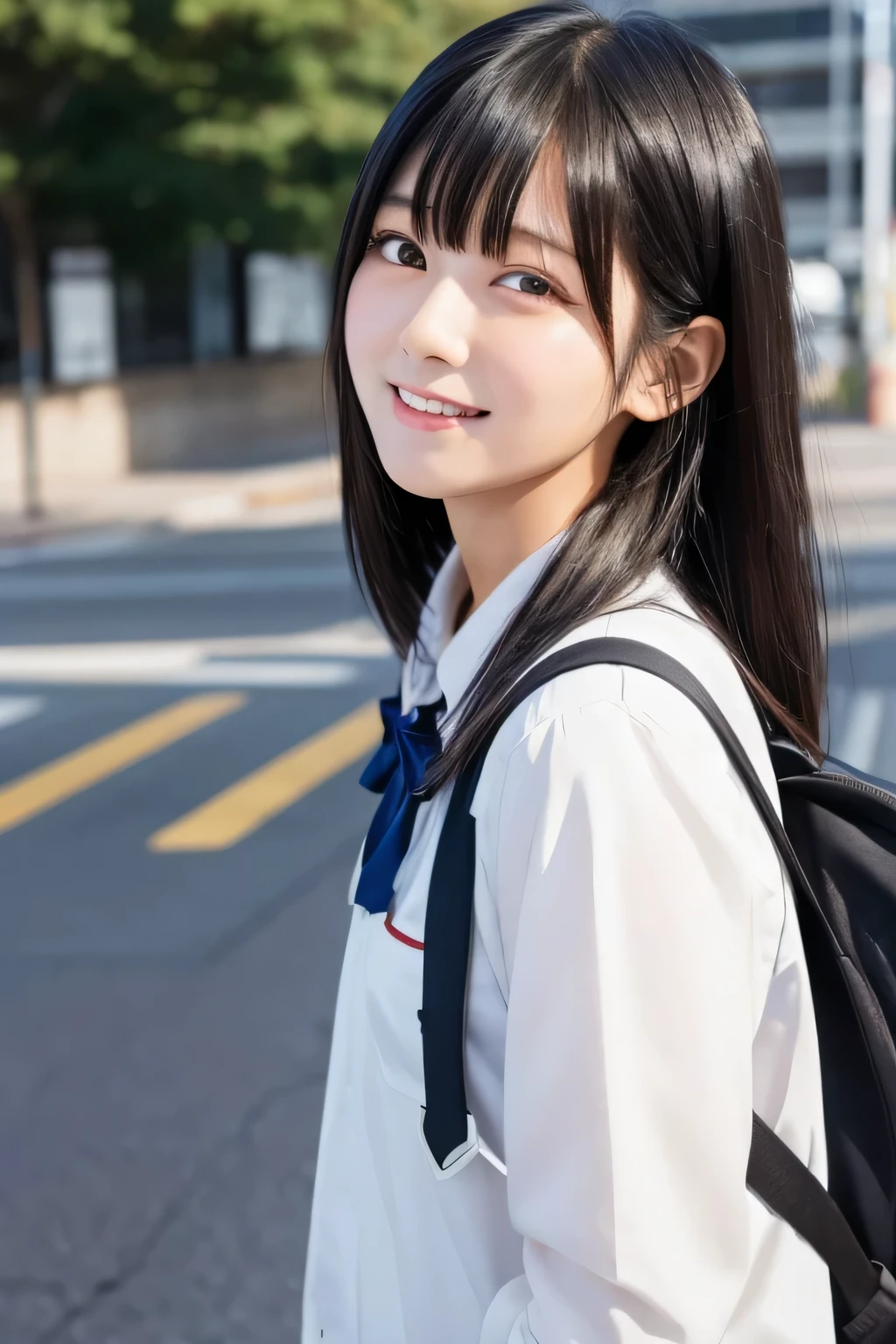 (((masterpiece))), (((full body photo,Walking))), (one beautiful japanese girl, innocence,cute) ,ultra high resolution, Reality, Super detailed, 8K,highest quality, Extremely detailed, blurry background,slender,(very beautiful japanese girl, detailed face:1.3), ((bob hair,white hair band,shiny hair,black hair :1.4)), (baby face,cute系,adorable 10 year old girl,he is short), (perfect body:1.1),(cuteセーラー服、short sleeve sailor suit、Navy blue miniskirt),((carrying a school bag on one's back))),smile,rosy cheeks,super detailed face、detailed lip、detailed eyes、small gravure idol,transparent skin、Shining beautiful skin,lolita,no makeup,Japanese high school uniform with school emblem on the chest,(Super high resolution),naive girl、(perfect limbs、perfect anatomy),Colors and landscapes of youth、premonition of love,in the long hallway of school,many students,In front of the classroom,indoor,The morning light is shining through the hallway window.
