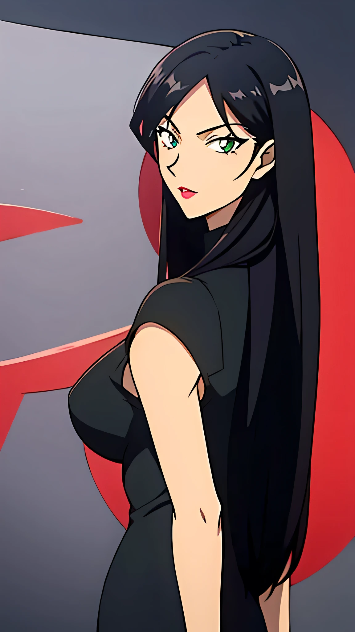 1women, solo, long hair, black hair, green eye, Mother, black dress, red lipstick 