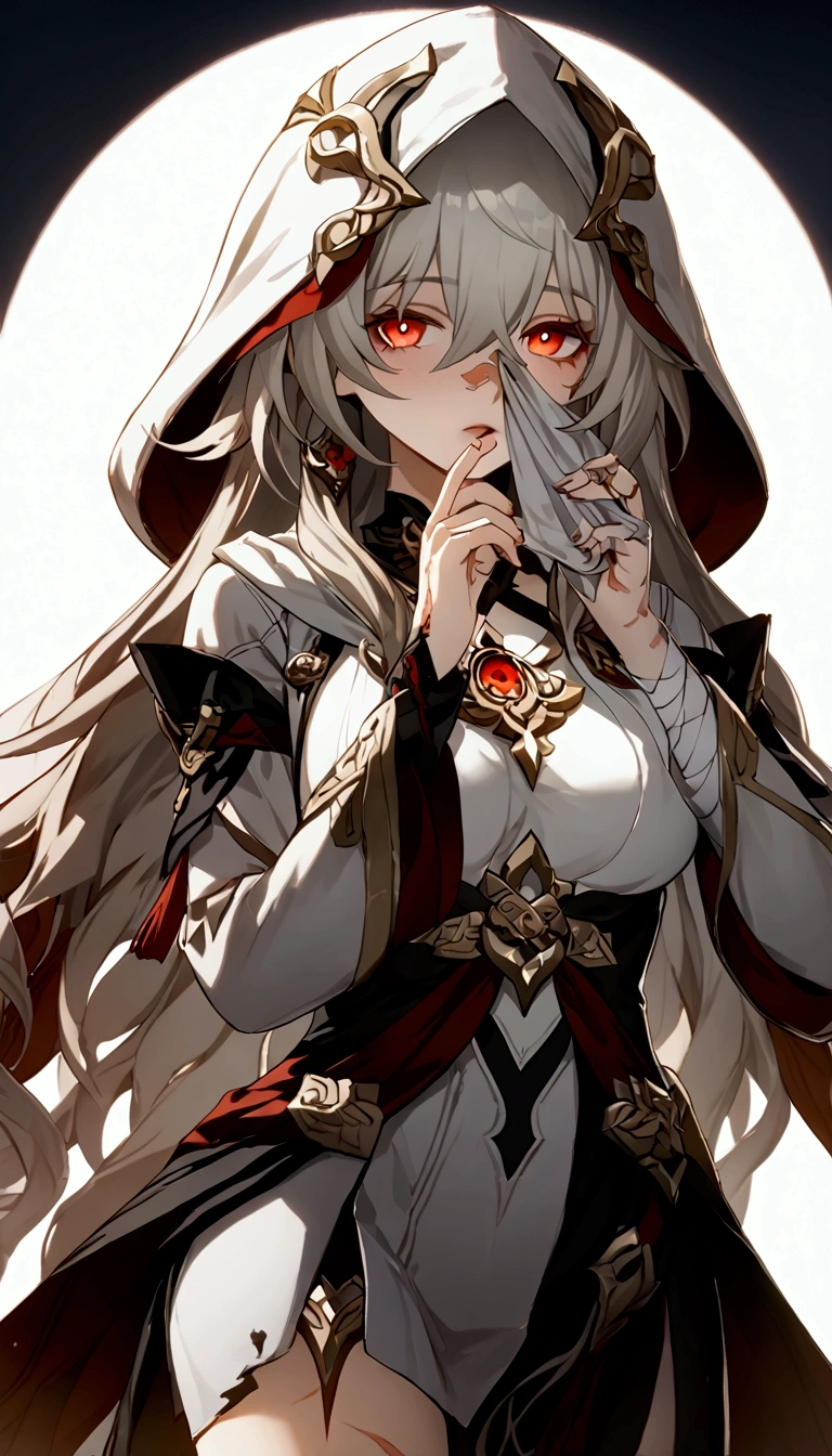 ((portrait, upper body,)) ((empress clothing)), ((red capelet)), ((serious eyes)), ((black clothes)), ((seductive gaze)), ((curvy body)), ((toned female)), ((regal uniform)), ((adult female)), ((deep red eyes)), ((calm expression)), ((pale white hair)), ((long straight hair)), ((mature female)), ((complementary colors)), ((light skin)), 1boy, beautifully drawn, high resolution illustration, best quality, High definition, ((detailed anime sketch)), Masterpiece, (solo), absurdres, detailed background, fine detail, female focus, HDR,