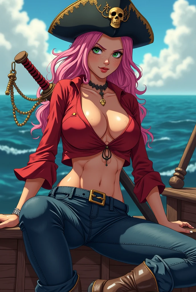 masterpiece, best quality, 1girl, red lips, solo, green eyes, curly hair, multicolored hair, white hair, auburn hair, two-tone hair,ombre , Anna Lebeau, bangs, side lighting, best illustration, ((1girl)) masterpiece, highest quality, (perfect face:1.1) , (high detail:1.1), dramatic, long hair, curvy, large, moon, thighs, navel, gold choker, bare shoulders, wide hips, thick thighs, lips, toned pelvis, toned hips, milky hips, navel piercings, body piercings, huge breasts, sandals, neck chains, castle, detailed background, art by artgerm and greg rutkowski, cinematic lighting, a closeup portrait of a playful woman, 25 yo, Ana de Armas, natural, amazing body, pronounced feminine feature, speaking, laughing, festival, (pink hair with white tips), freckles, flirting with camera, (gold, freckles, huge breasts, naked, underboob), thigh gap, Fox ears, ((nsfw)), full body