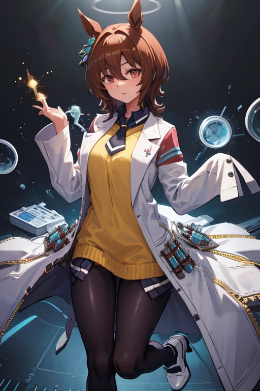 agnes tachyon \(umamusume\),single earring, long sleeves, sleeves past wrists, sleeves past fingers, collared shirt, black shirt, yellow sweater, sweater vest, black necktie, short necktie, open coat, white coat, labcoat, test tube, vial, zipper, black pantyhose, white footwear, high heel boots
,{{{masterpiece}}}, {{{best quality}}}, {{ultra-detailed}}, {illustration}, {{an extremely delicate and beautiful}}