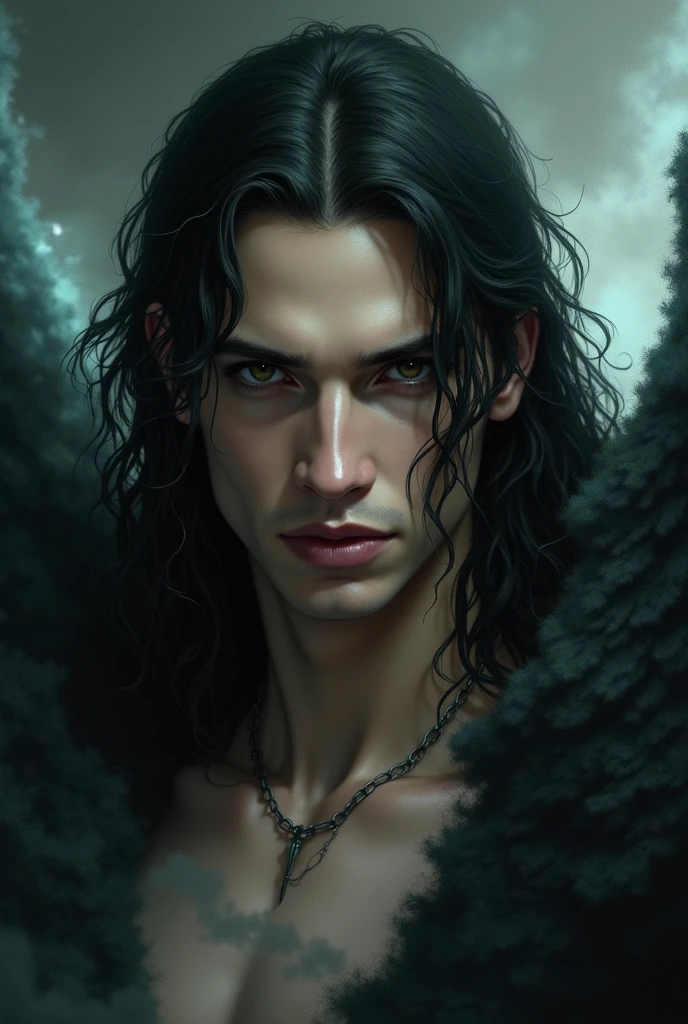 man who is 20 years, white race, masculine features, the most beautiful man, long jet black hair, so black hair, hunting ametis eyes, angel beauty, angel, eyes hunting, hot body, sexy, passionate , angel beauty