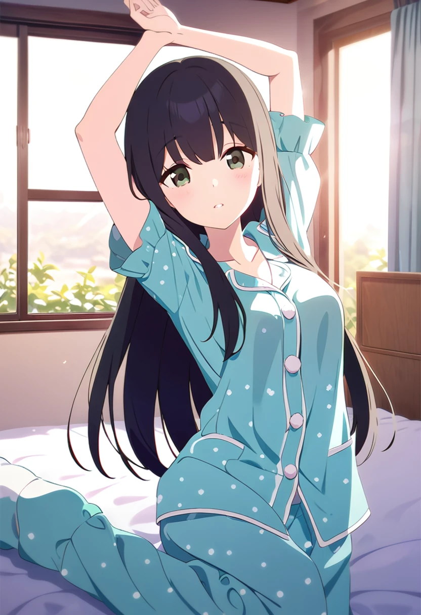 Super beautiful picture quality、High school girl、Slightly droopy eyes、Kind Face、Firm breasts、pajamas、Inside the house、In bed、The morning sun shines in、Dark green eyes、Stretching pose. Just woken up.、Still looking sleepy、Black Hair、Smooth long straight hair、Top quality backgrounds、Fine weather