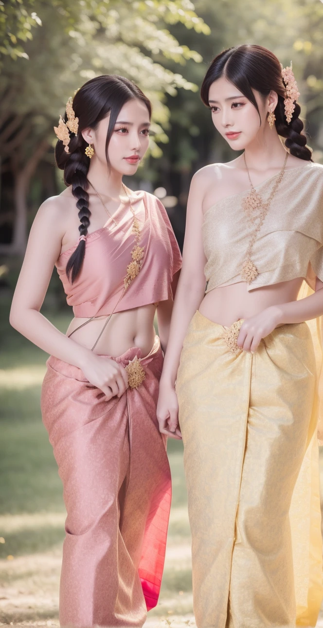 ((((Two young women ,Beautiful woman)))),Native girl，long, Blonde hair , Blue eyes , braid ,Purple Thai dress,กระโปรงไทยโบราณlong，Holding a jasmine garland,countryside，countryside，Beautiful scenery，Ancient sites of Ayutthaya，Smile with your teeth，forehead，forehead exposed，big ，break, ,(Two young women ,Beautiful woman),หน้าอกbig,Show your boobs,รอยbreakเห็นชัด......,((หัวนมbig))，(Pubic bone), break, Visible breasts,Seductive pose,I saw swollen nipples...,(((areolae ขนาดbig:1.4,pink,The nipples are clearly visible..........))),((dance,Thai dance)))