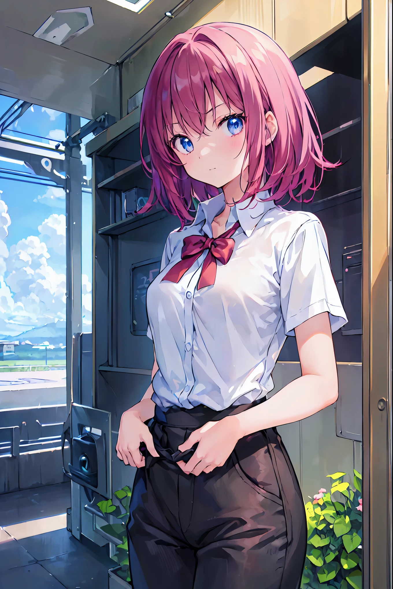 Showing panties、Pink short hair、hair over one eye、Showing panties、、School classroom、blackboard、Pull up your skirt、Lift up your skirt、Condescending expression、A foolish look、