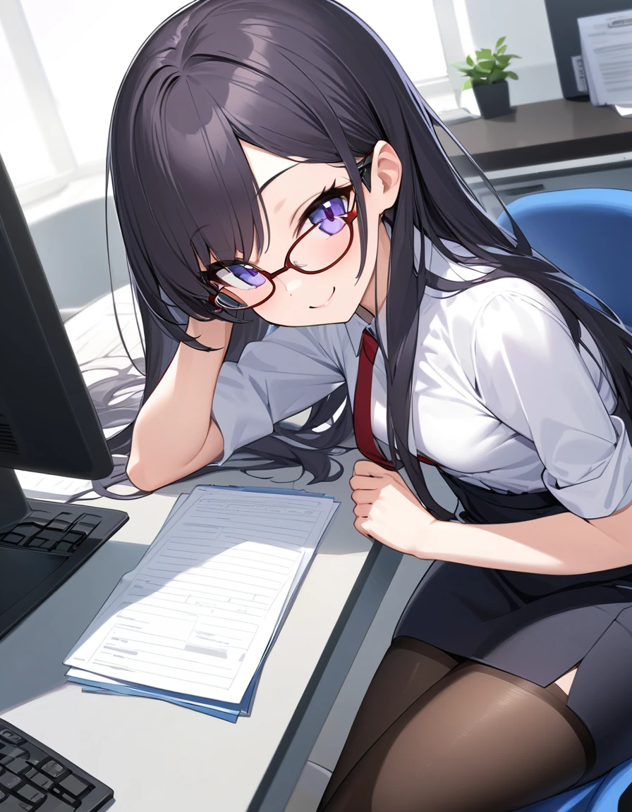 purple hair,,long hairpurple eyes,(((office suit,)))(disgust,looking disgusted, abhore),in the office,sitting on the office chair