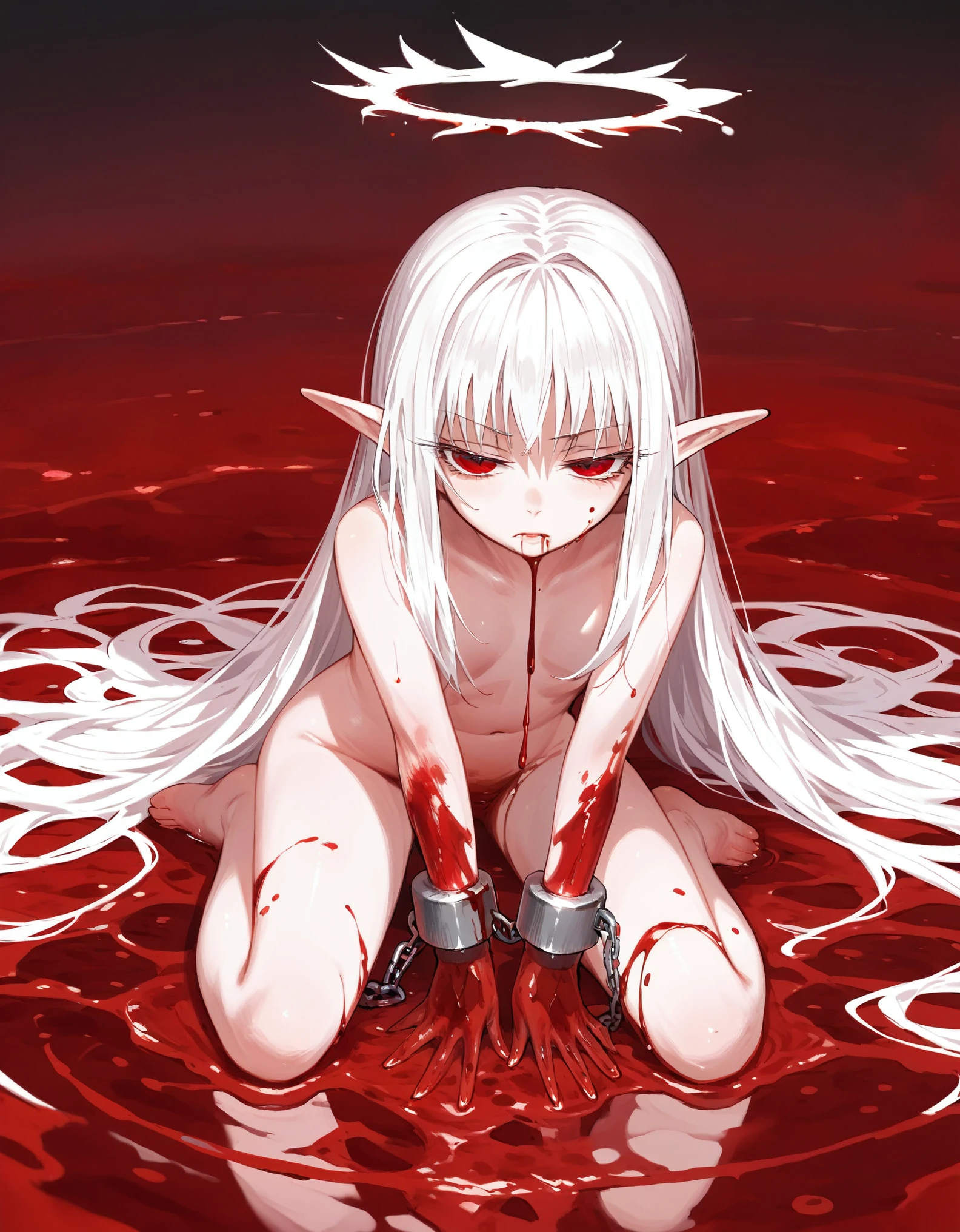 1girl, solo, (abyss, magma, blood), full body, close to viewer, Gloomy painting style, grotesque pool blood background, Lucifer,
Anime Girls, ((naked, hair to cover one's skin)), pale skin, albino, white long hair, (red body crest, devil arm), blood dark halo, blood angel's feather, half closed eyes, elf ear, red eye, Barefoot, shackles,
Score_9,Score_8,score_7_up,source_anime, rating_questionable,