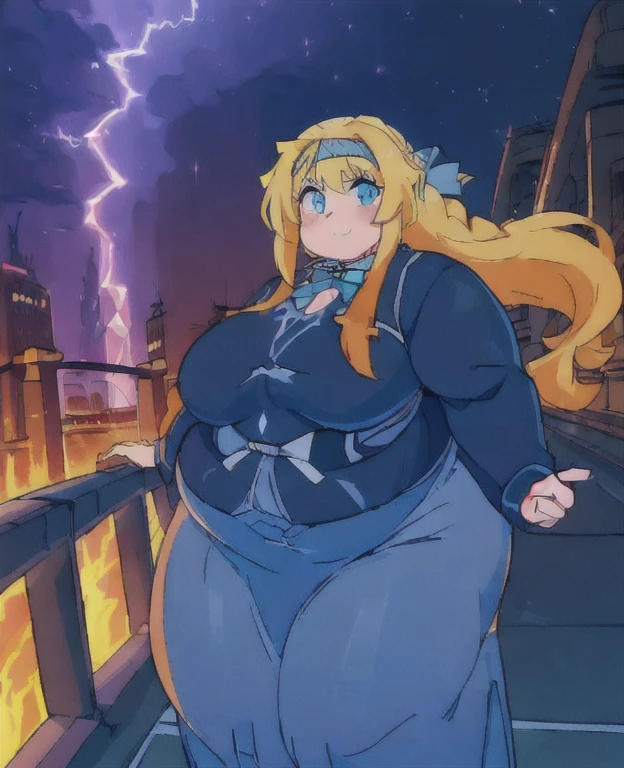 ((best quality, 4k, 8k, anime girl, masterpiece)), ((((beautiful extremely detailed face, beautiful eyes)))), blue eyes, cinematic lighting, perfect anatomy, ((alice synthesis thirty)), (((chubby, SSBBW, very obese, very wide waist, thick waist))), (((dark blue buttoned coat, long skirt, JK uniform, bowtie))), (full body view), ((orange blonde hair, glowing hair, long hair, headband)), (((very wide waist, thick waist))), (((fully clothed))), smile, ((city lights, highway, bridge, lightning, lava)), ((thick outlines, anime style, vibrant colours)), (hands in pockets),