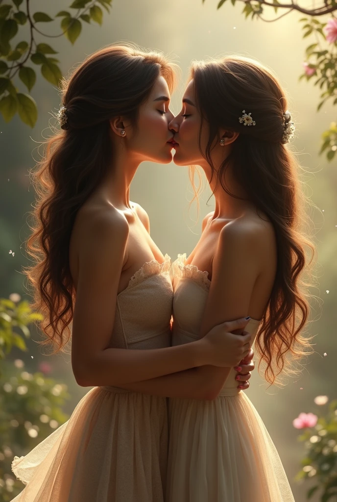 Two sexy blonde and brunette girls kissing next to a man in a field, sensual 8k lighting, beautiful romantic sunset, under a beautiful cherry tree, Goldenhour, feline ears, attractive body, in the golden hour, at sunset, bathed in golden light, light and transparent dresses. Hot with the sun shining, in the golden hour, golden hour scene, golden hour, beautiful and hot scene.
