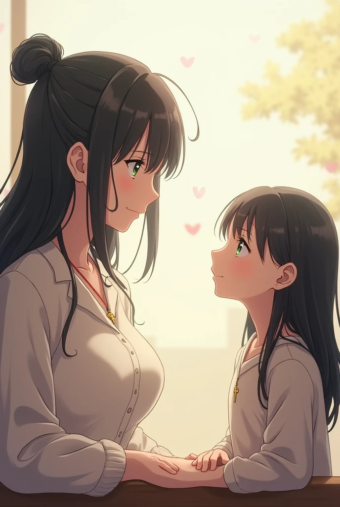 Anime image of a woman holding a boy in front of a blackboard, mother, gentle expression of boy, anime moe art style, mother, anime cover,